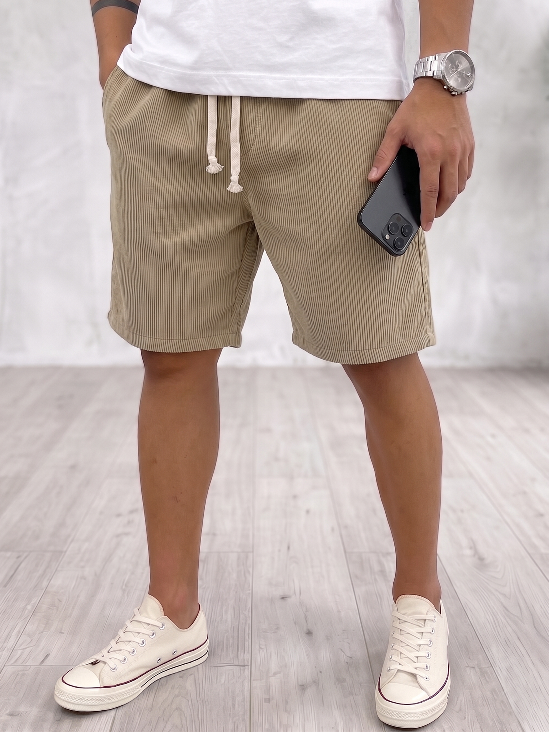 Stylish Corduroy Khaki Drawstring Shorts with Side Pockets