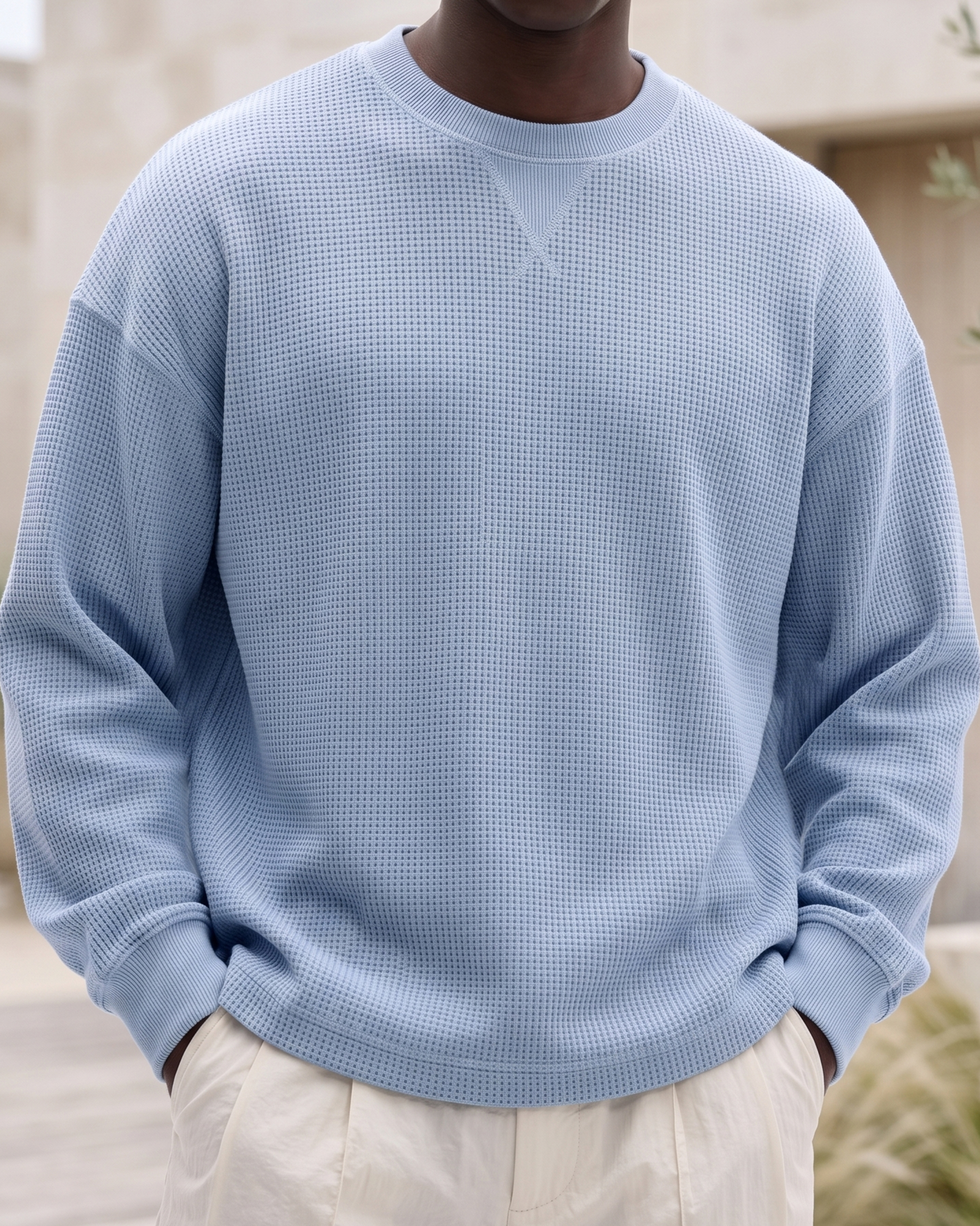 Men's Basic Waffle-Knit Crewneck Long-Sleeve Pullover with Inverted Triangle Embroidery