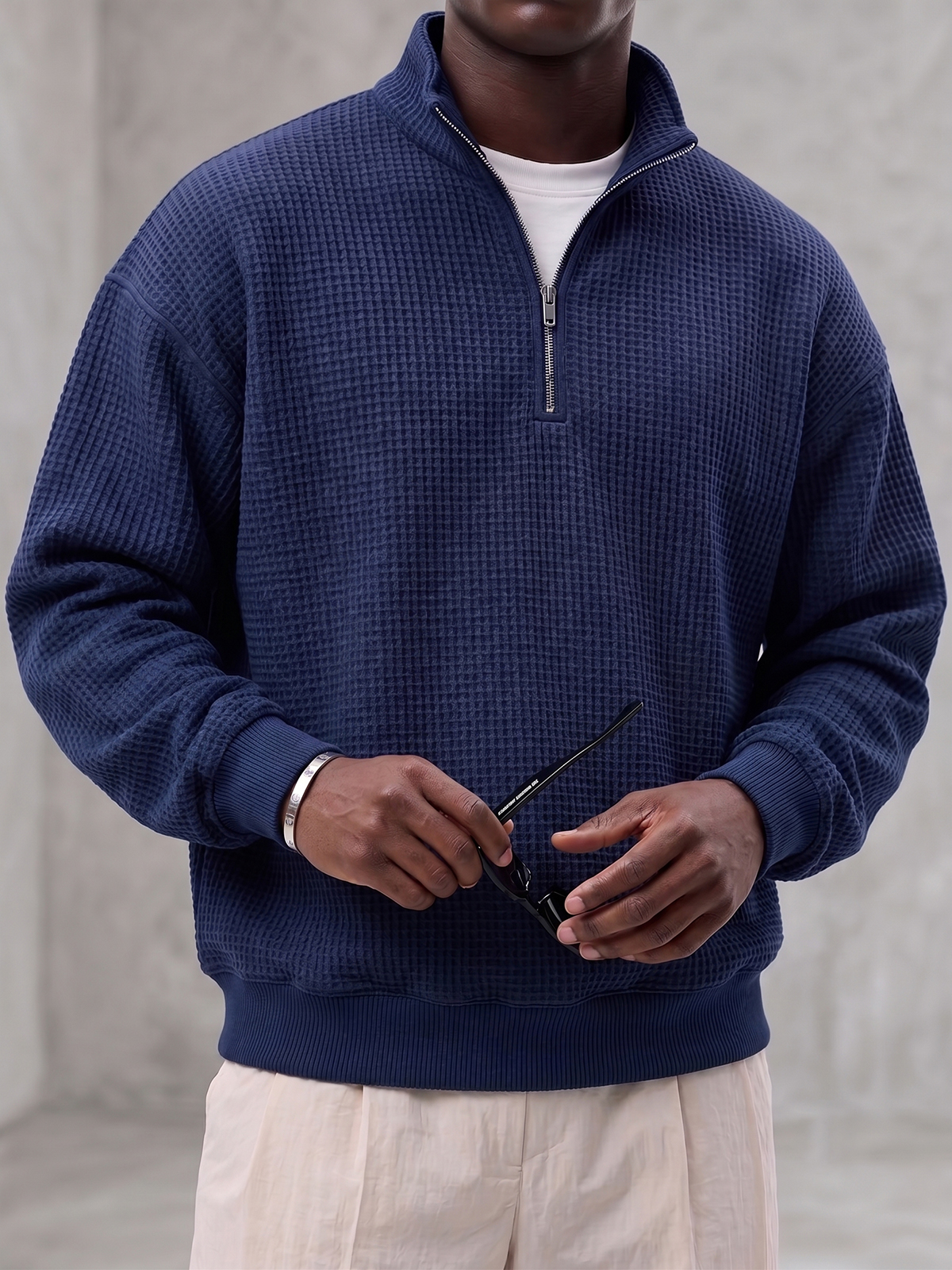 Waffle-textured Quarter-zip Polo Pullover