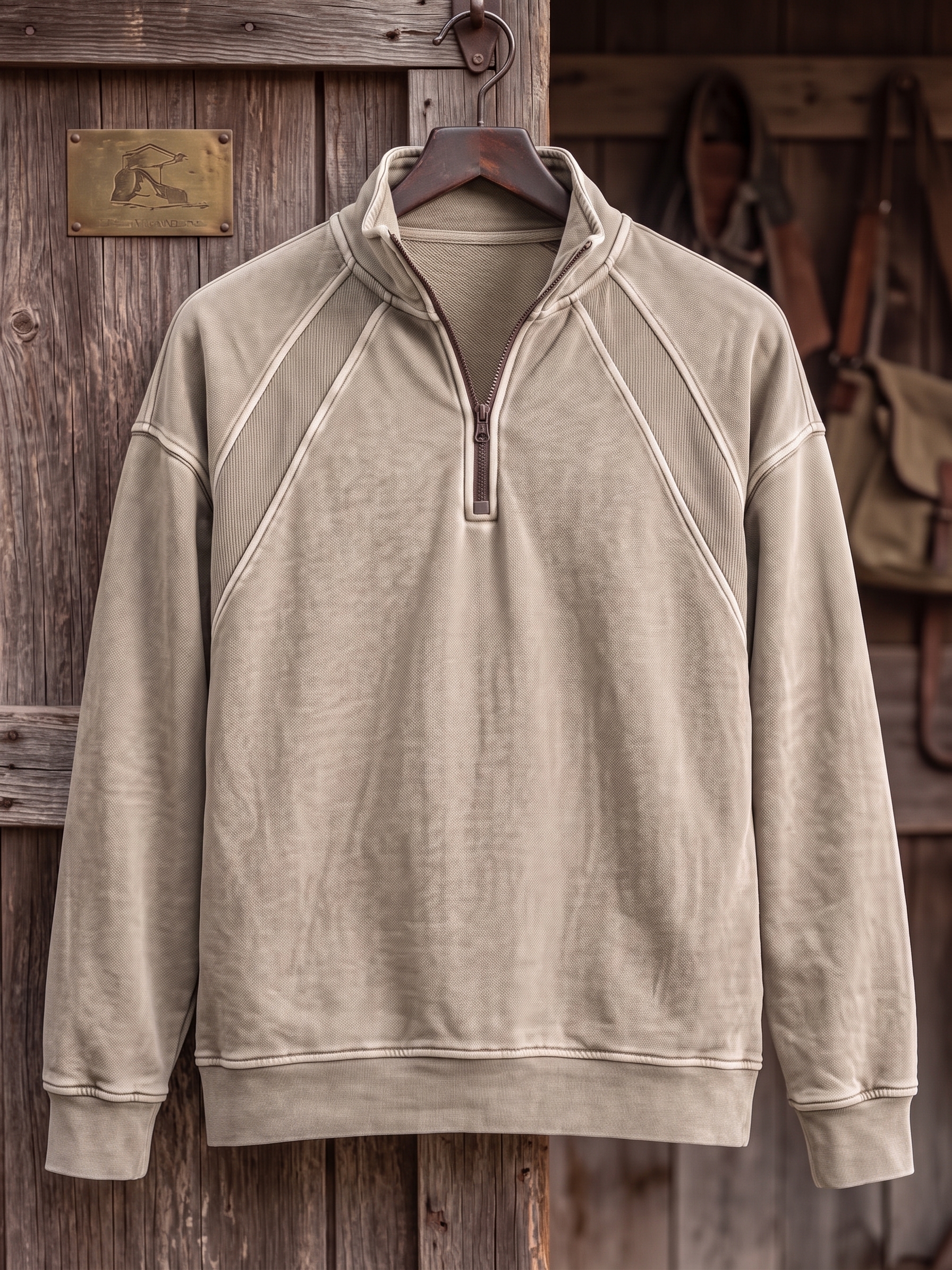 Heavyweight Cotton Quarter-Zip Polo Shirt with Vintage Texture and Ribbed Raglan Paneling Design