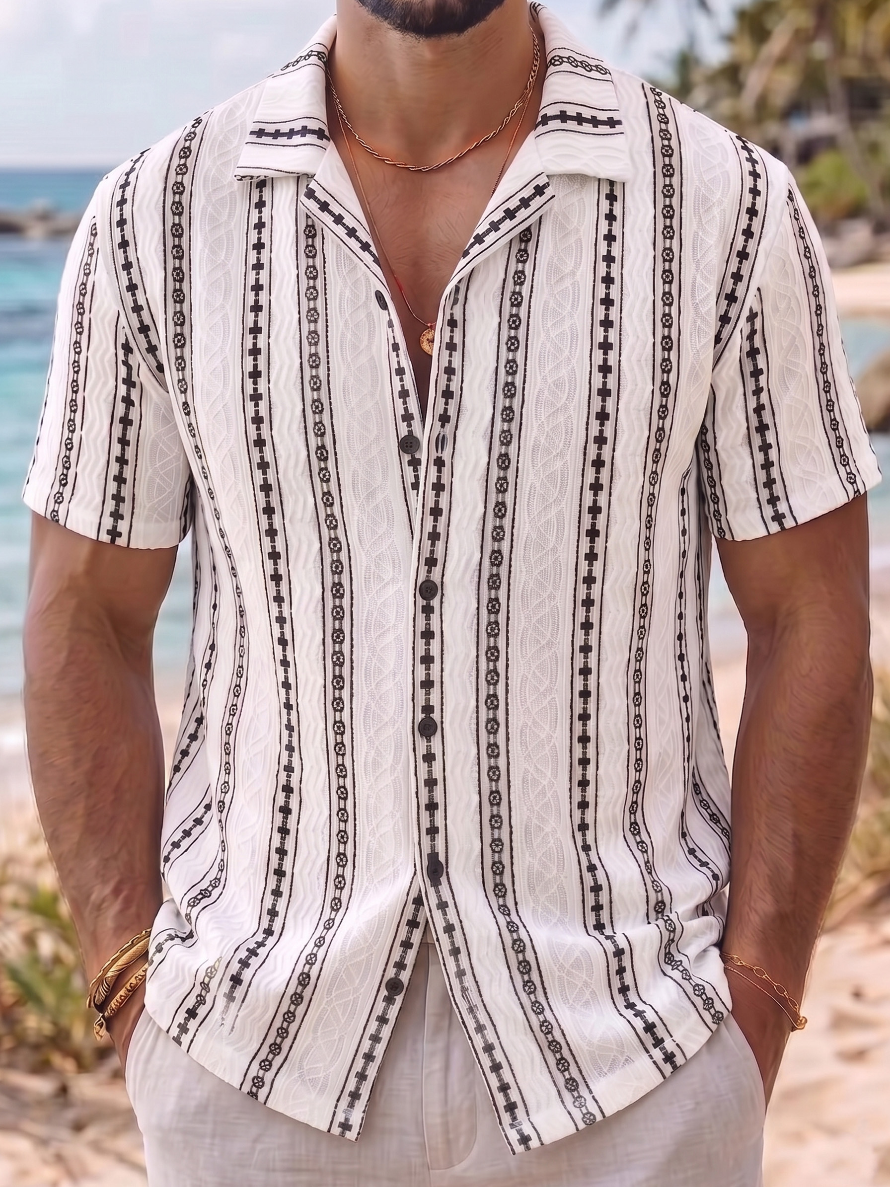 Men's Vintage Geometric Jacquard Short-Sleeve Cuban Collar Shirt with Artisanal Vertical Pattern