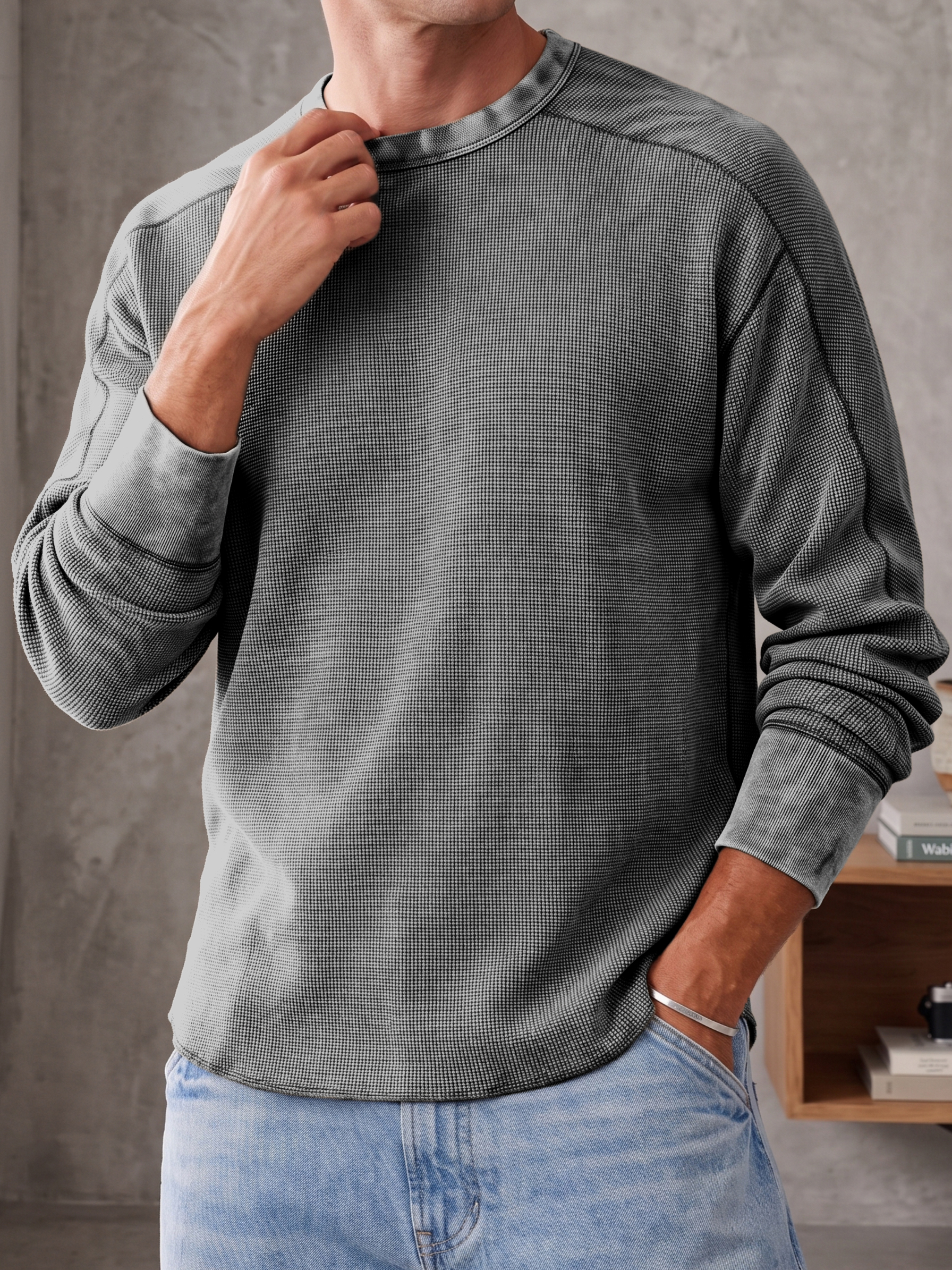 Vintage Dyed Waffle Textured Basic Long-sleeve Pullover T-shirt