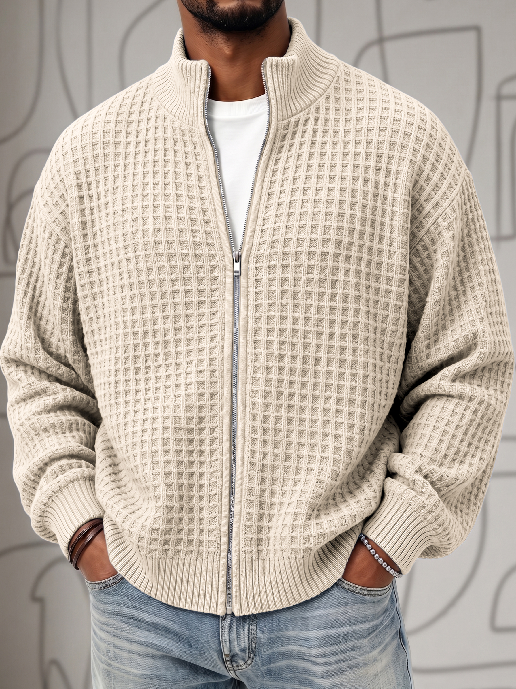 Textured Waffle Knit Cardigan Zip-up Jacket Sweatshirt