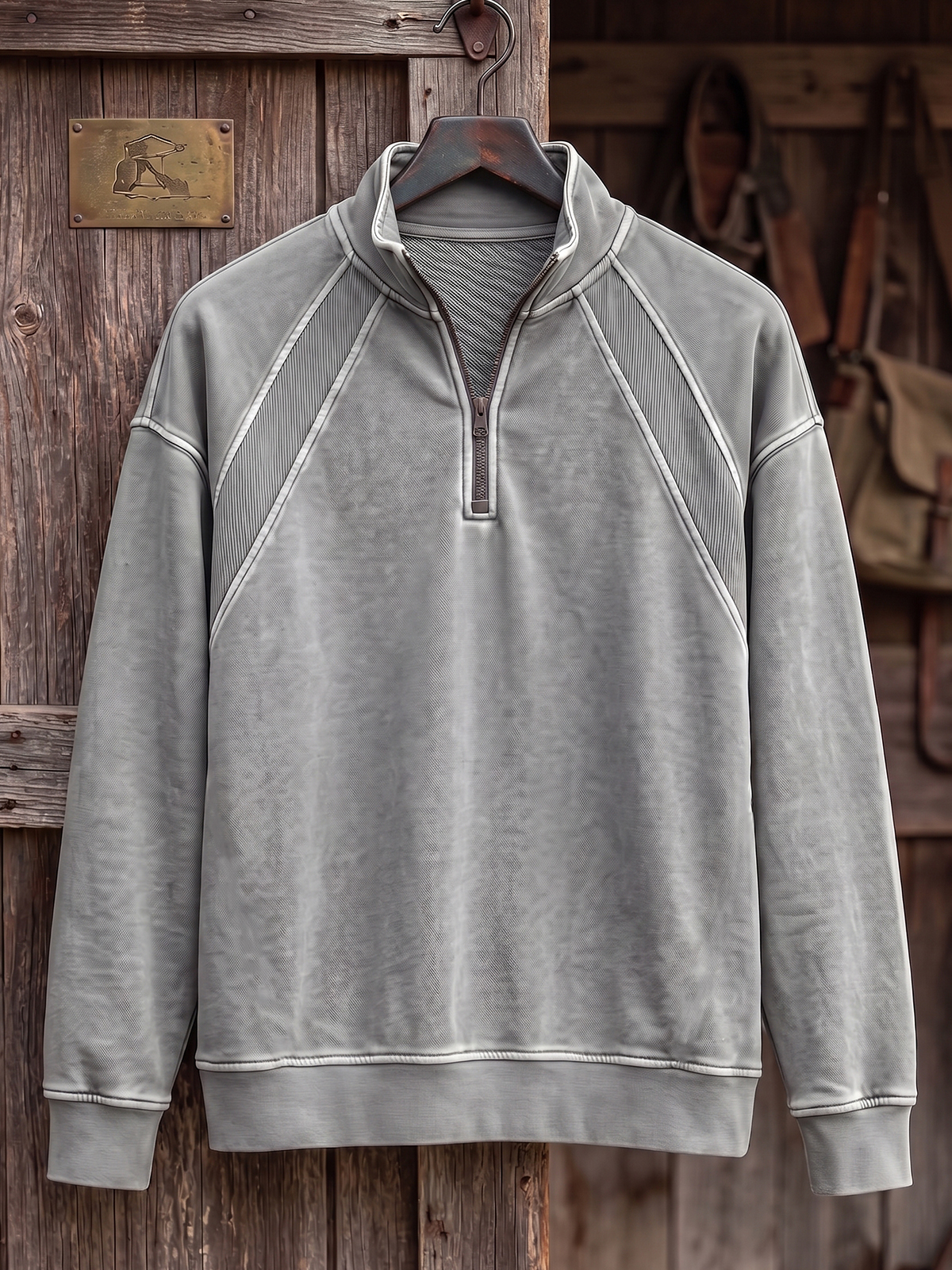 Heavyweight Cotton Quarter-Zip Polo Shirt with Vintage Texture and Ribbed Raglan Paneling Design