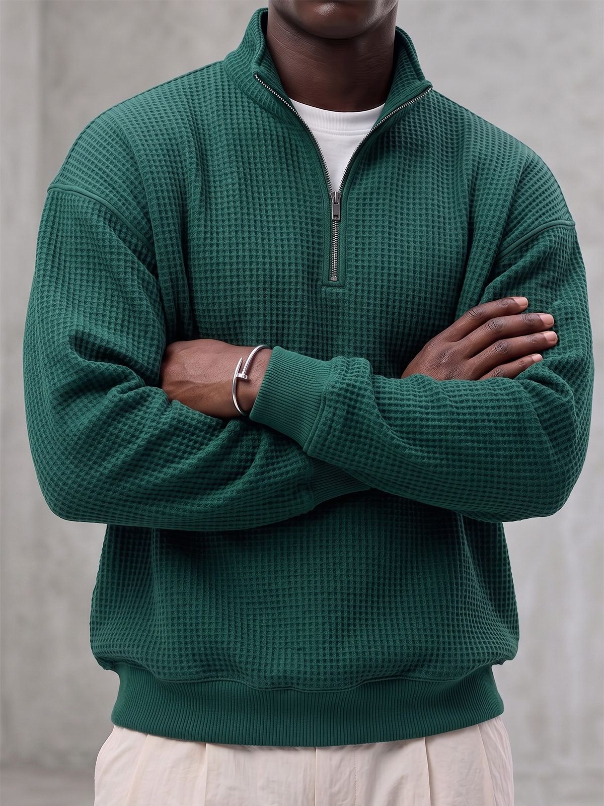 Waffle-textured Quarter-zip Polo Pullover