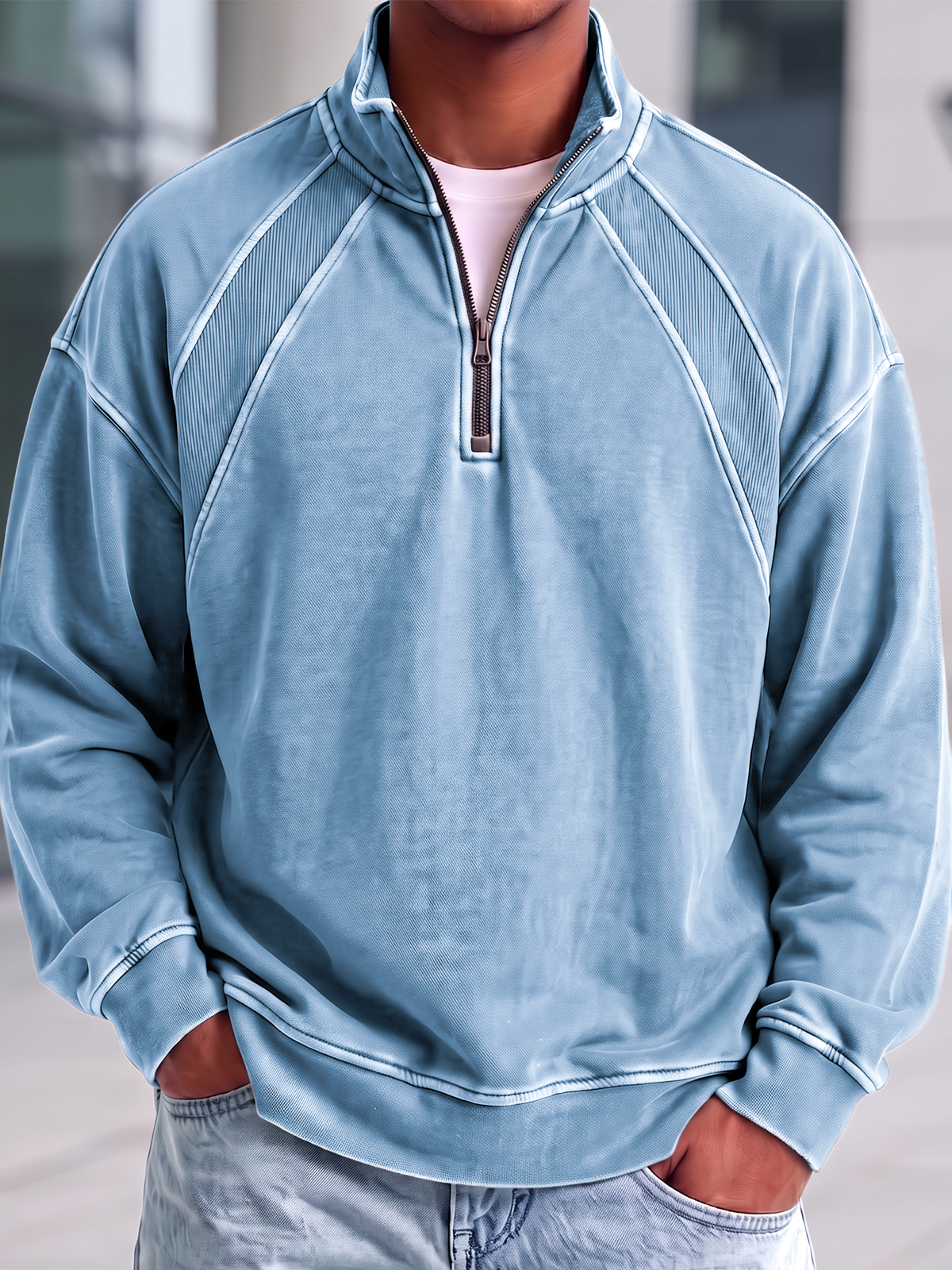Heavyweight Cotton Quarter-Zip Polo Shirt with Vintage Texture and Ribbed Raglan Paneling Design