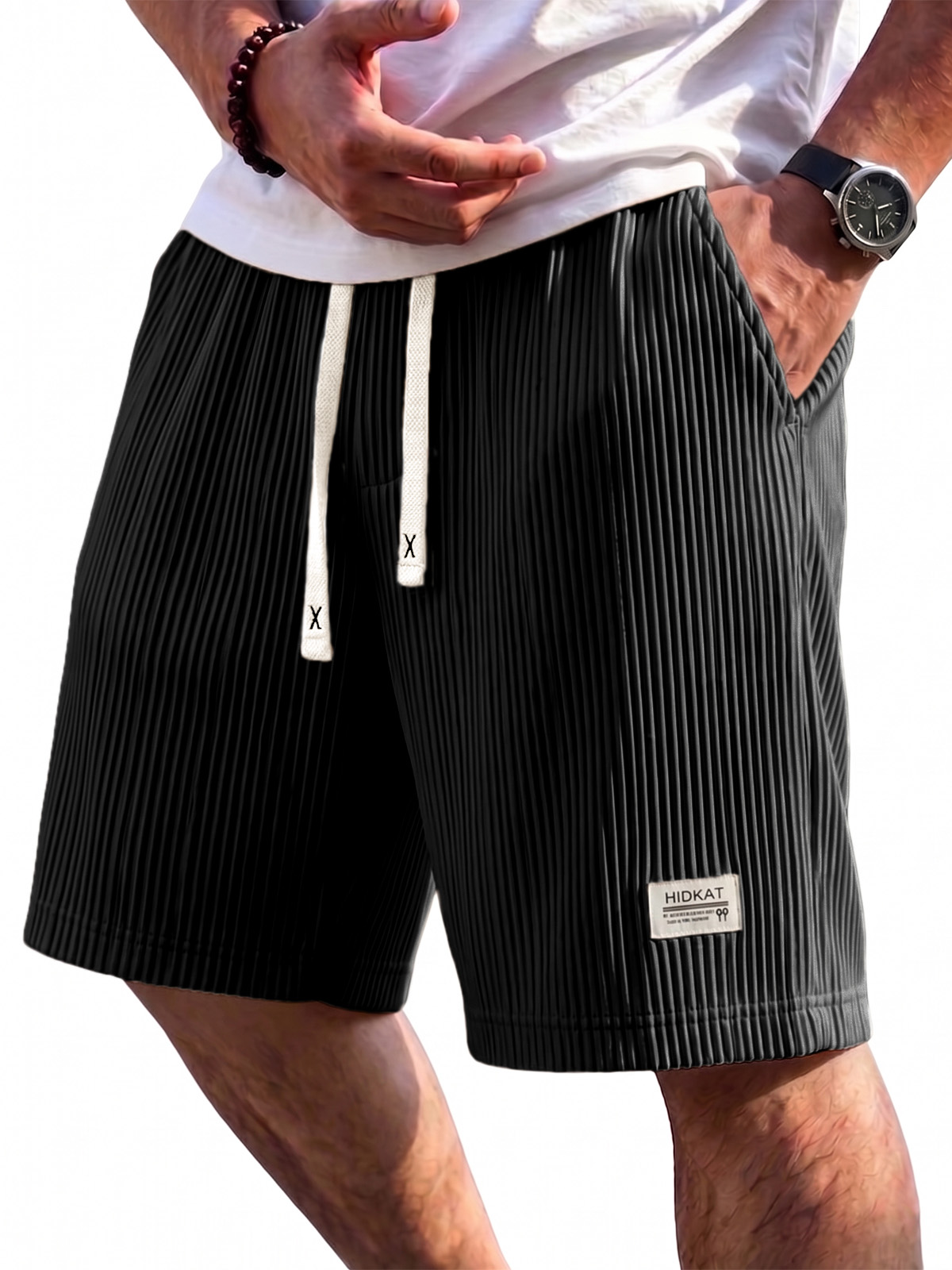 Pleated Vertical Striped Ice Silk Cooling Shorts with Embroidery