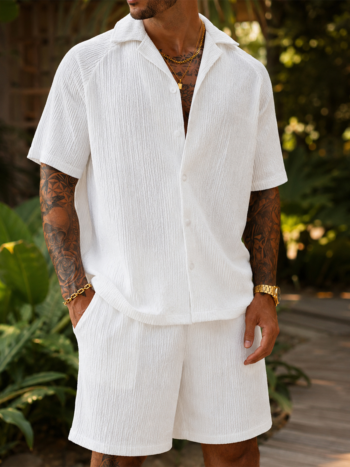 Pleated Luxury Resort Two-Piece Set – Cuban Collar Short-Sleeve Shirt & Shorts