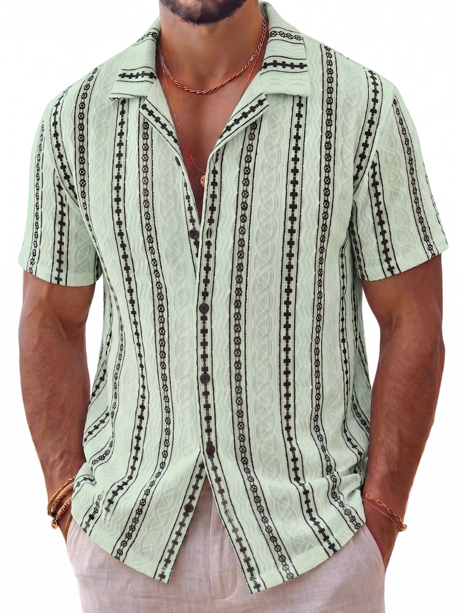 Men's Vintage Geometric Jacquard Short-Sleeve Cuban Collar Shirt with Artisanal Vertical Pattern