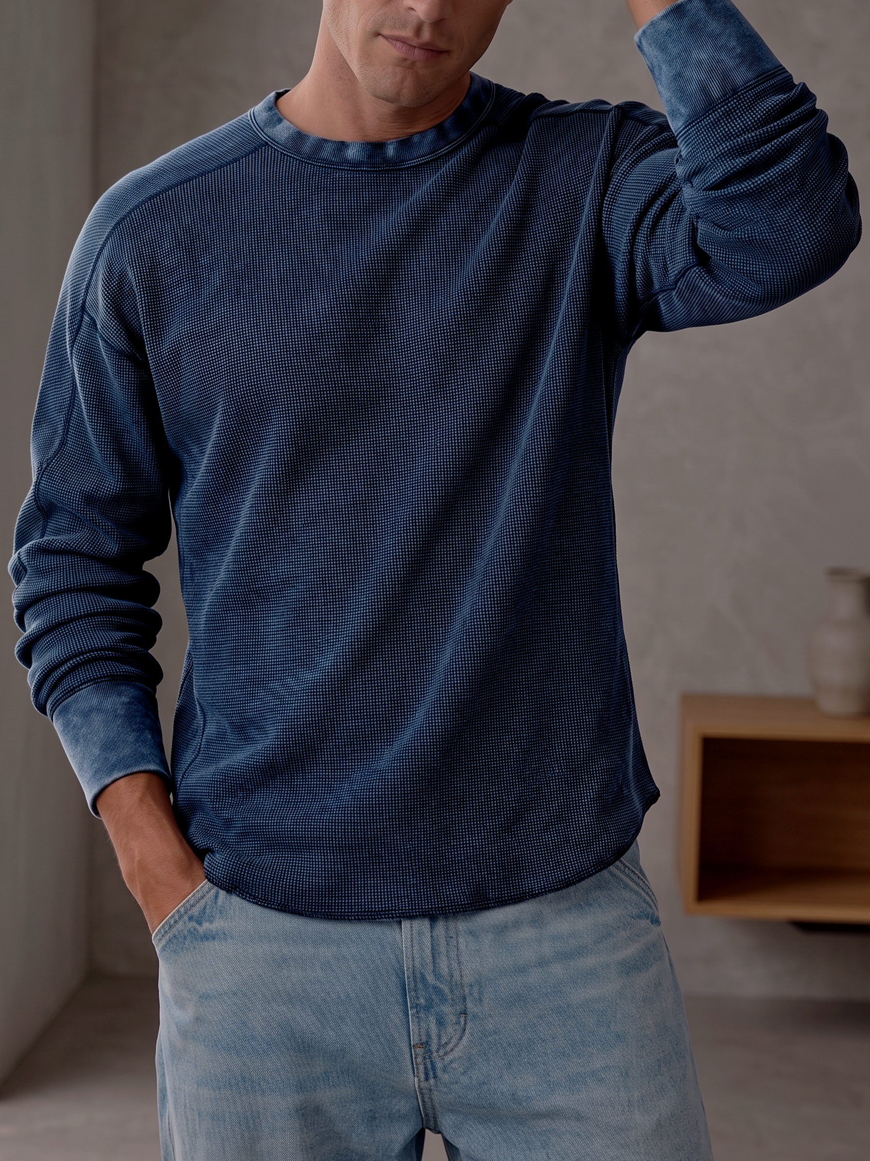 Vintage Dyed Waffle Textured Basic Long-sleeve Pullover T-shirt