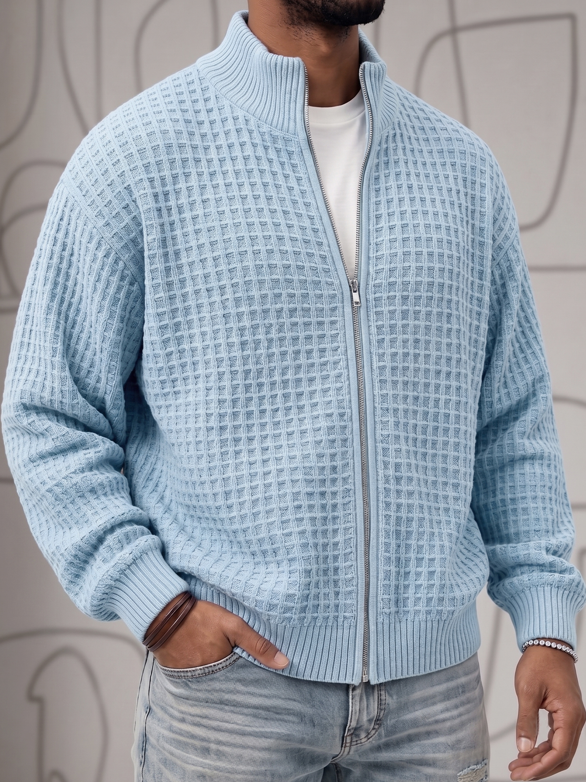 Textured Waffle Knit Cardigan Zip-up Jacket Sweatshirt
