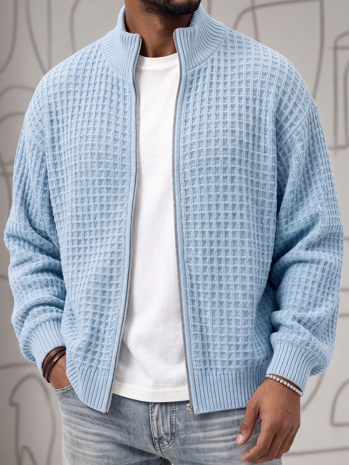Textured Waffle Knit Cardigan Zip-up Jacket Sweatshirt