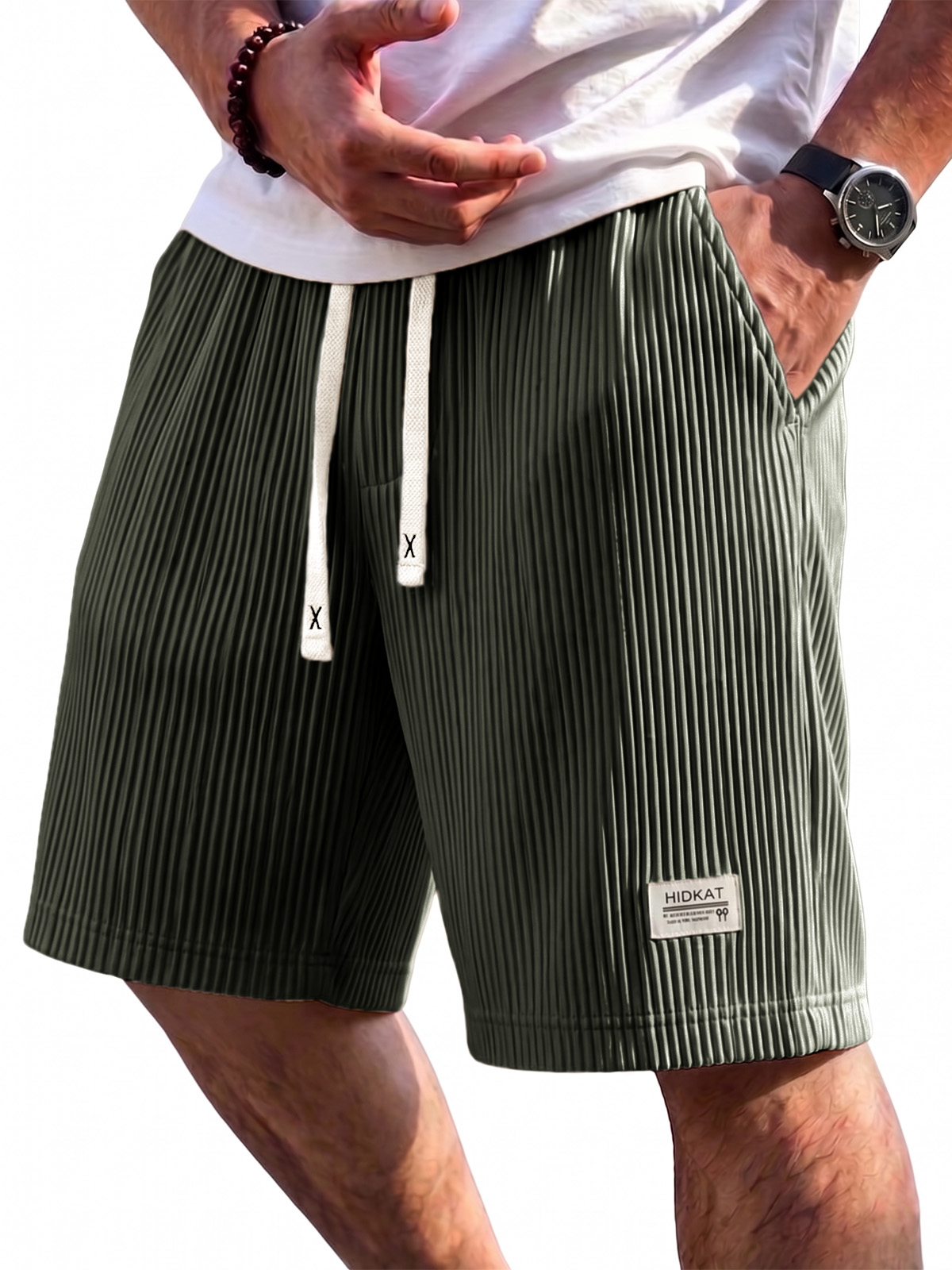 Pleated Vertical Striped Ice Silk Cooling Shorts with Embroidery