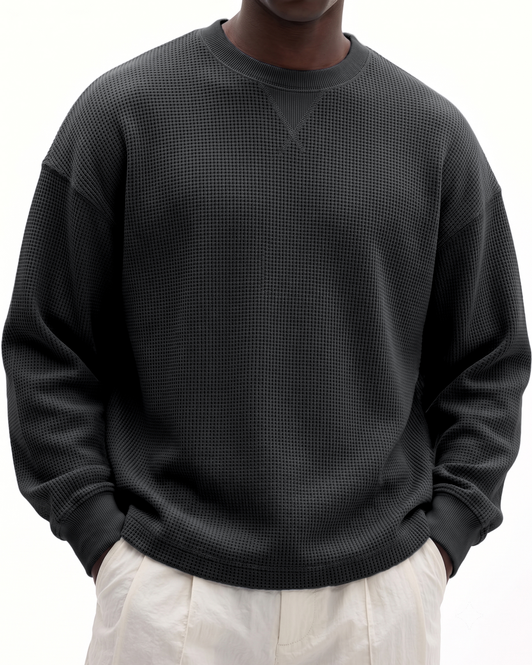 Men's Basic Waffle-Knit Crewneck Long-Sleeve Pullover with Inverted Triangle Embroidery