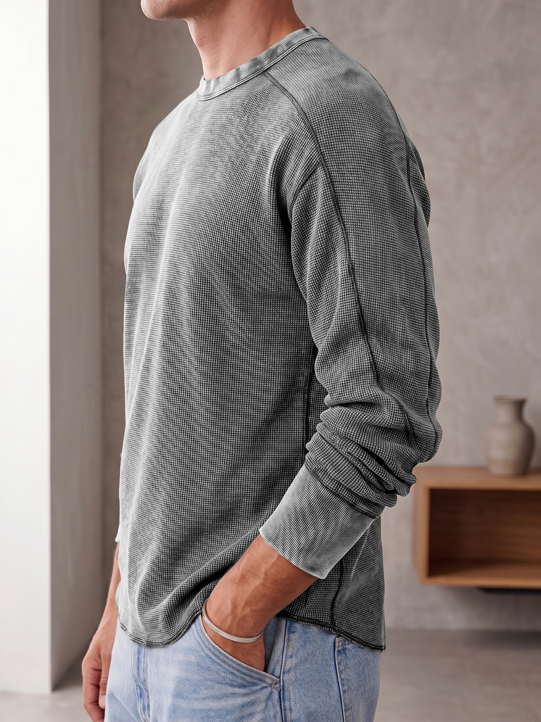 Vintage Dyed Waffle Textured Basic Long-sleeve Pullover T-shirt