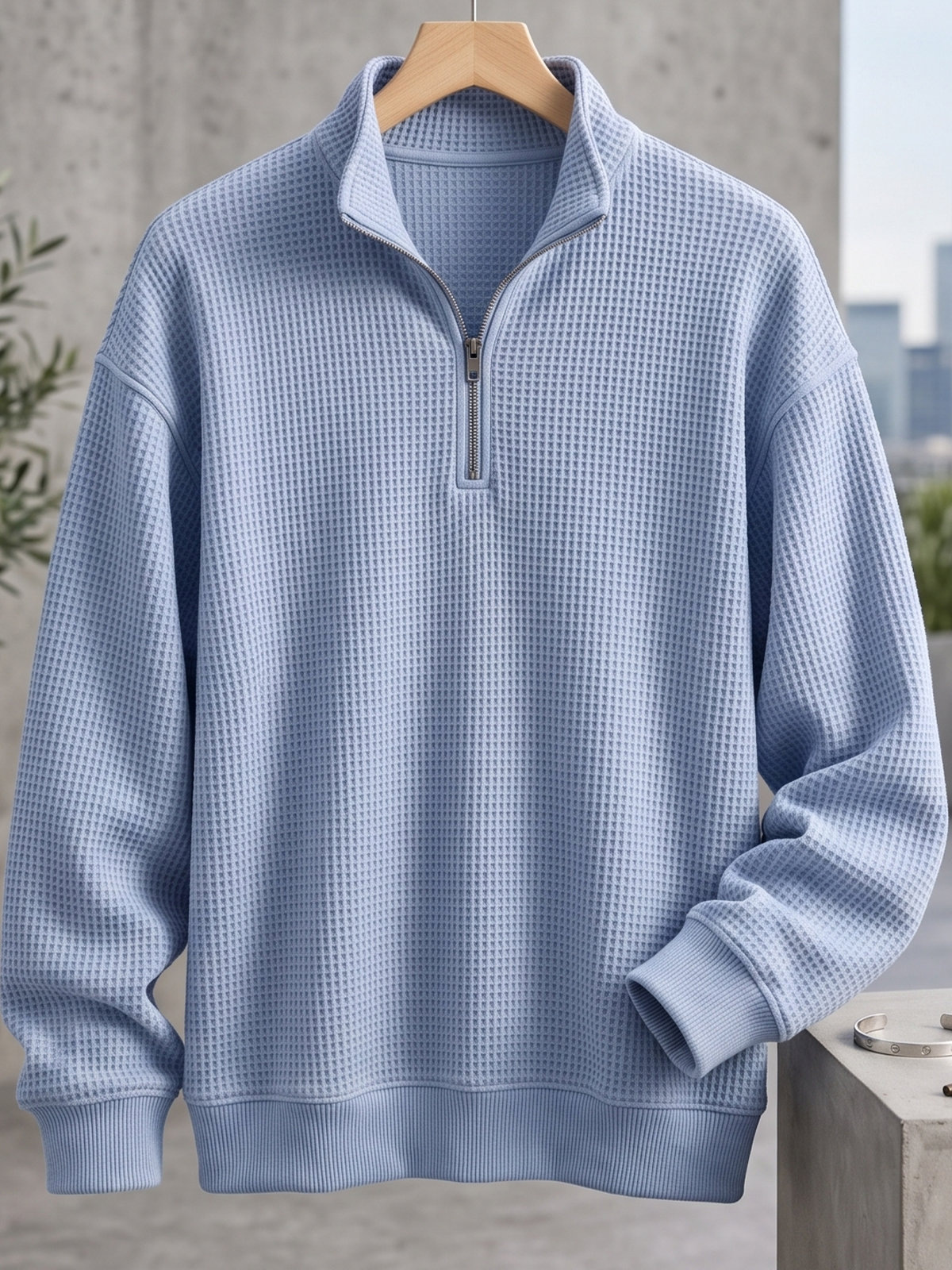 Waffle-textured Quarter-zip Polo Pullover