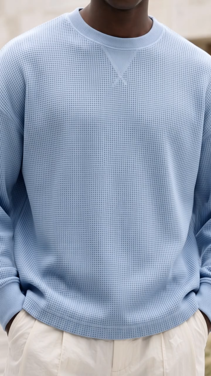 Men's Basic Waffle-Knit Crewneck Long-Sleeve Pullover with Inverted Triangle Embroidery