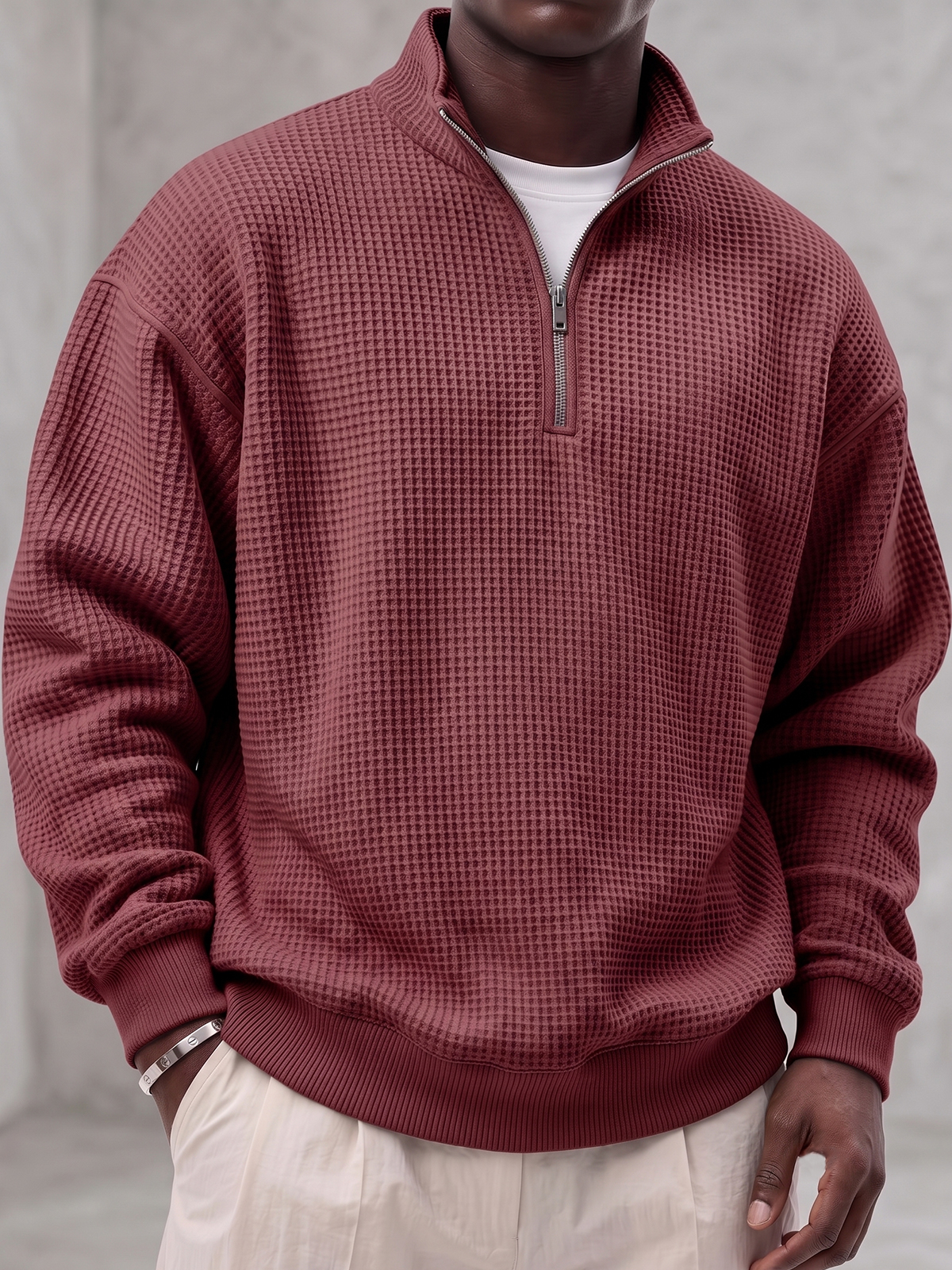 Waffle-textured Quarter-zip Polo Pullover