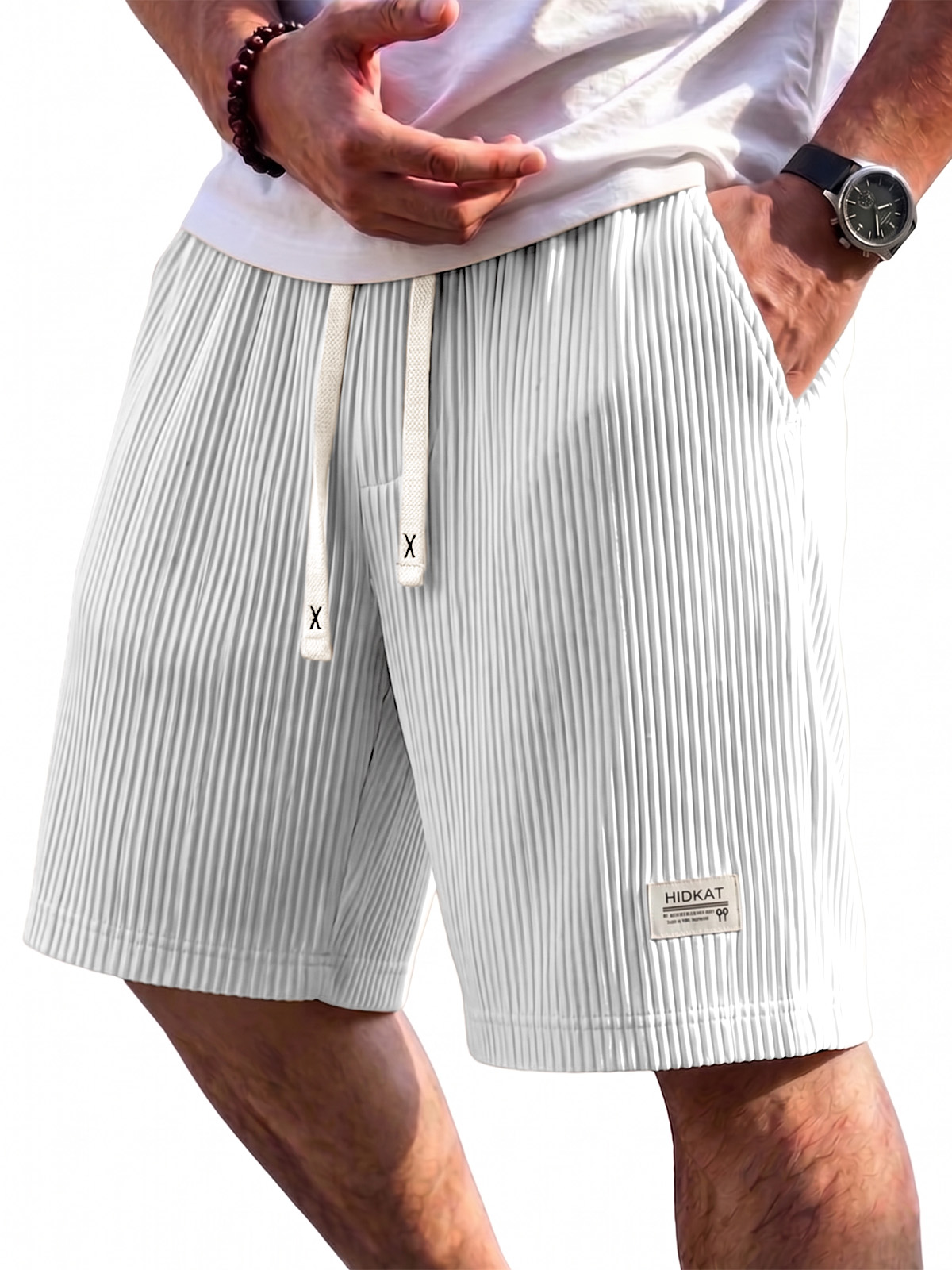 Pleated Vertical Striped Ice Silk Cooling Shorts with Embroidery