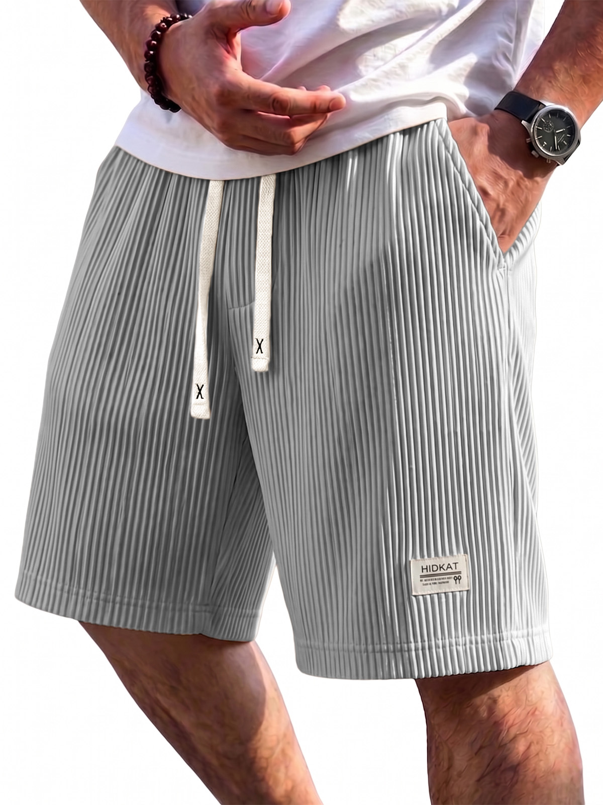 Pleated Vertical Striped Ice Silk Cooling Shorts with Embroidery