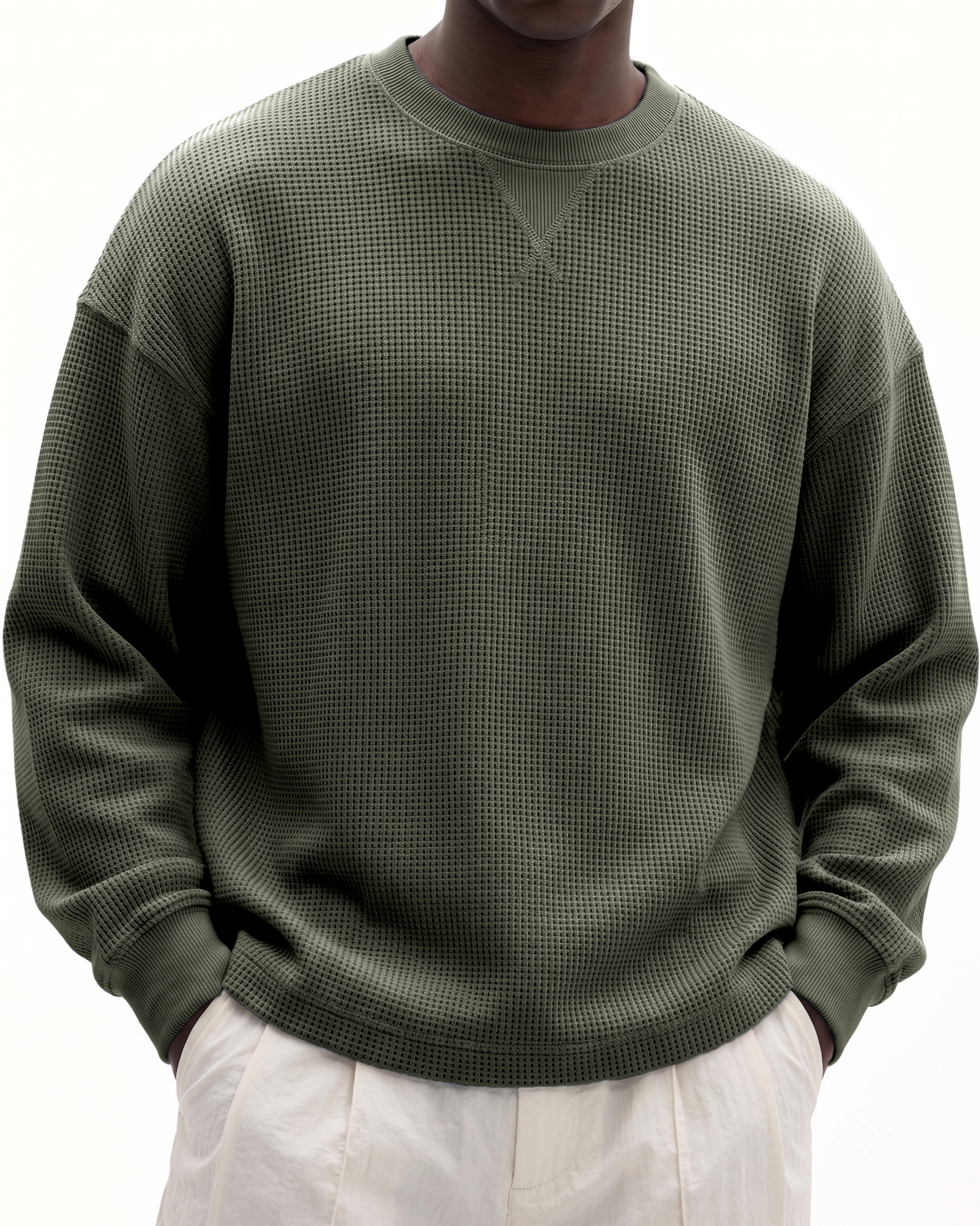 Men's Basic Waffle-Knit Crewneck Long-Sleeve Pullover with Inverted Triangle Embroidery
