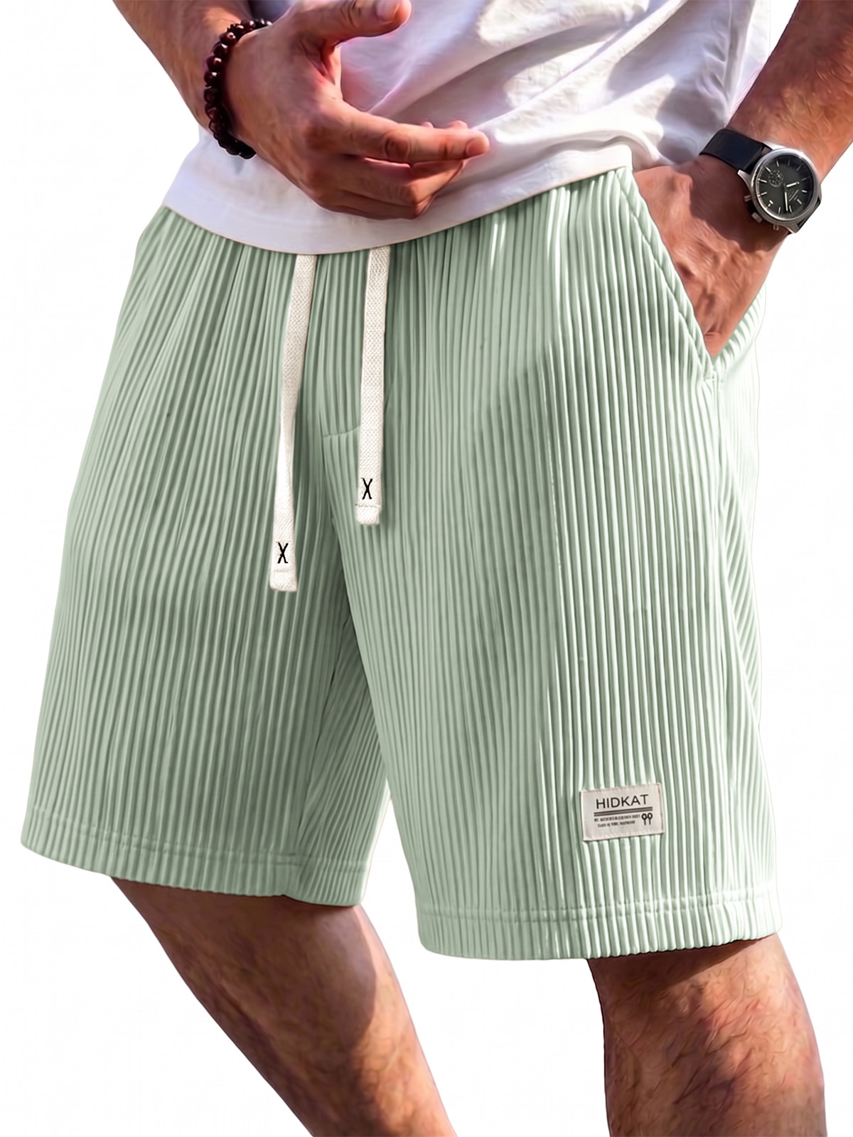 Pleated Vertical Striped Ice Silk Cooling Shorts with Embroidery