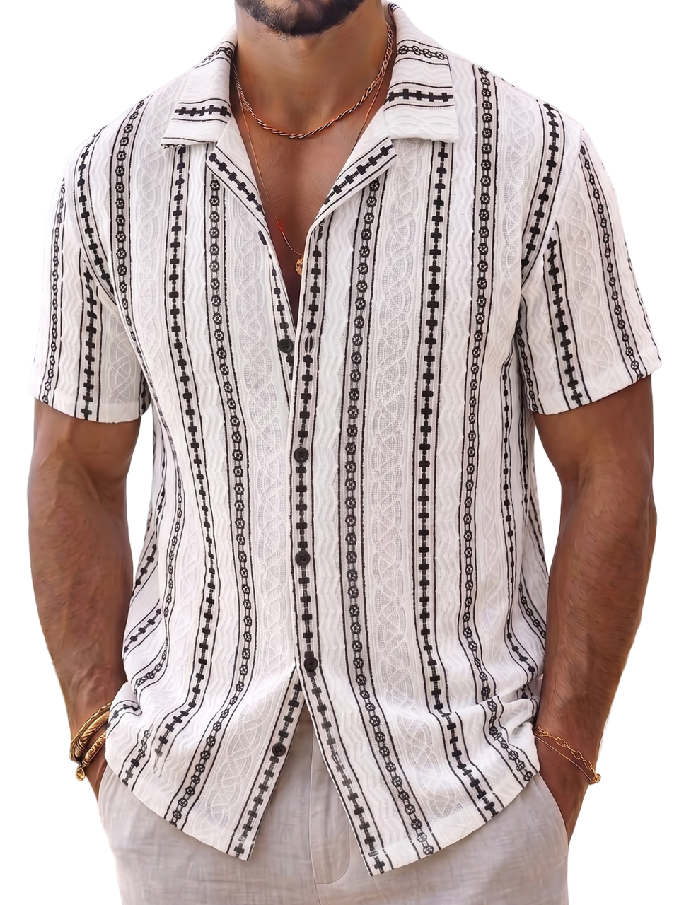 Men's Vintage Geometric Jacquard Short-Sleeve Cuban Collar Shirt with Artisanal Vertical Pattern