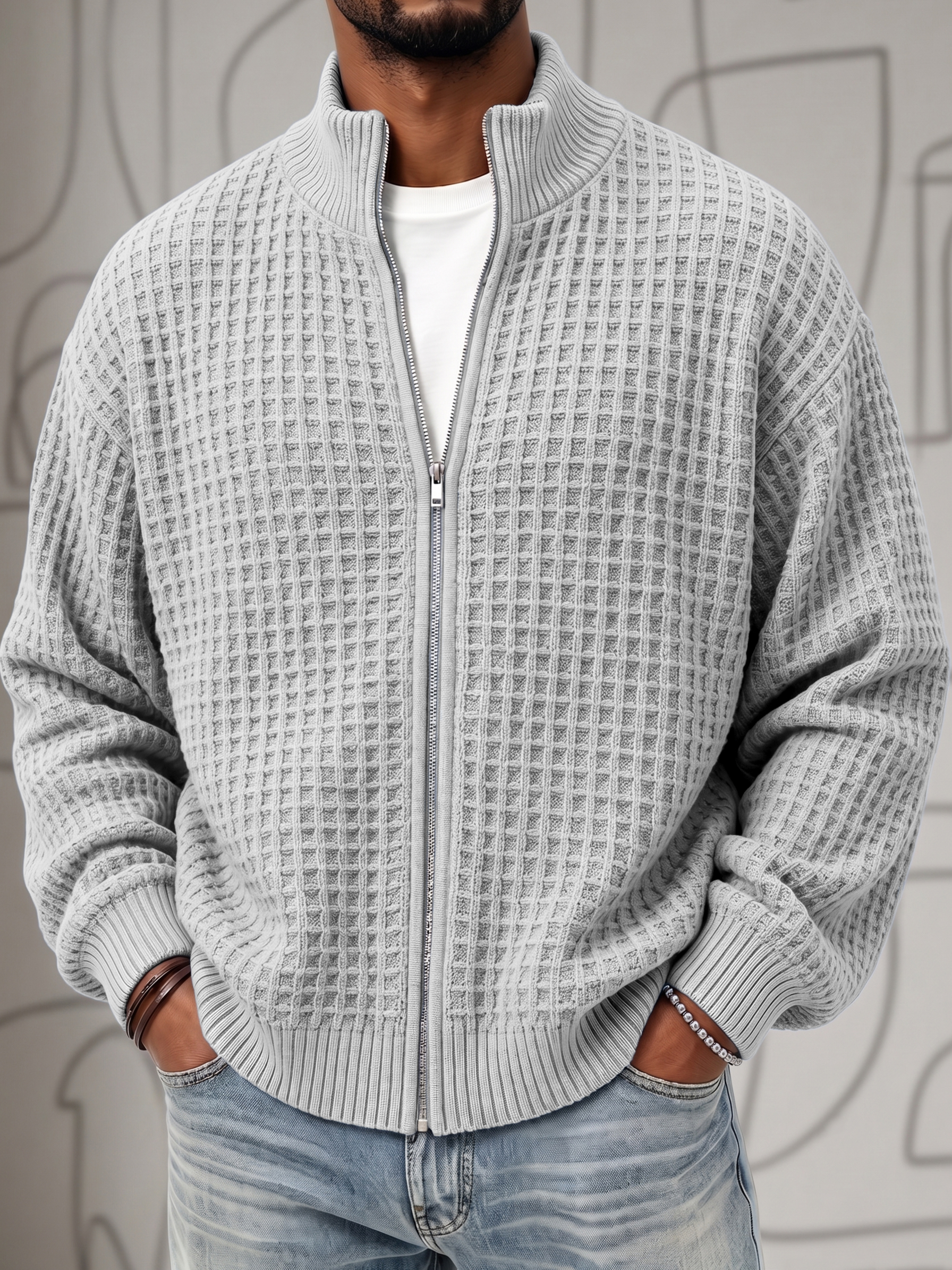 Textured Waffle Knit Cardigan Zip-up Jacket Sweatshirt