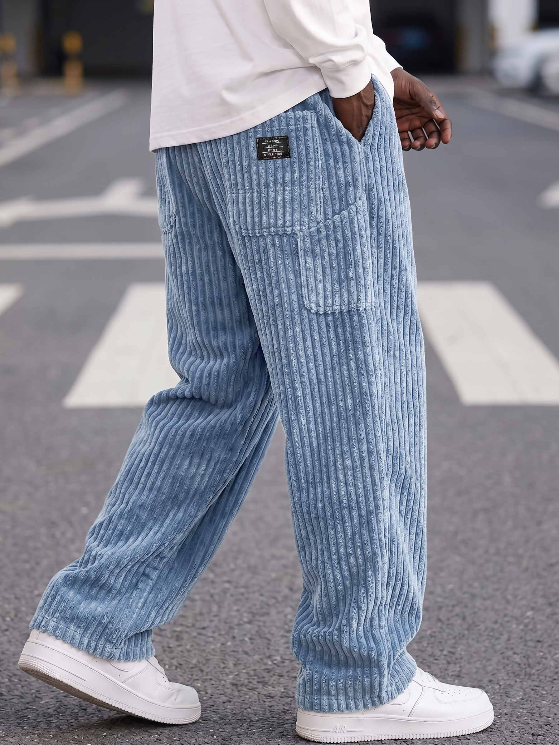 Stylish Vintage Wide Vertical Stripes Cord Pants—Multi-pocket Design