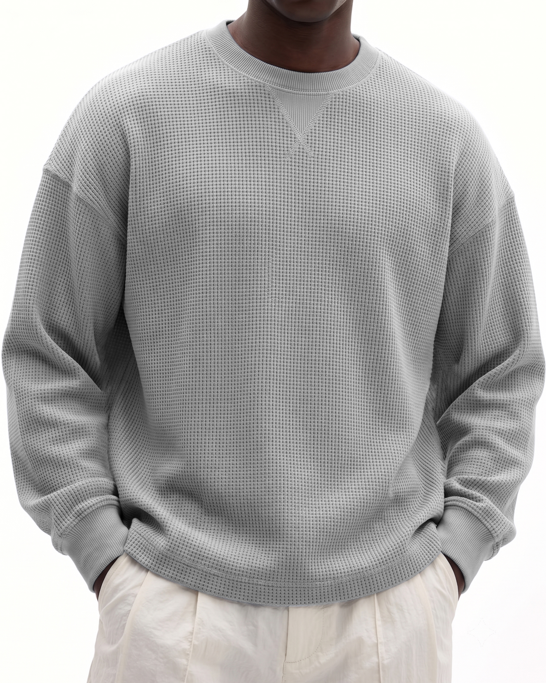 Men's Basic Waffle-Knit Crewneck Long-Sleeve Pullover with Inverted Triangle Embroidery