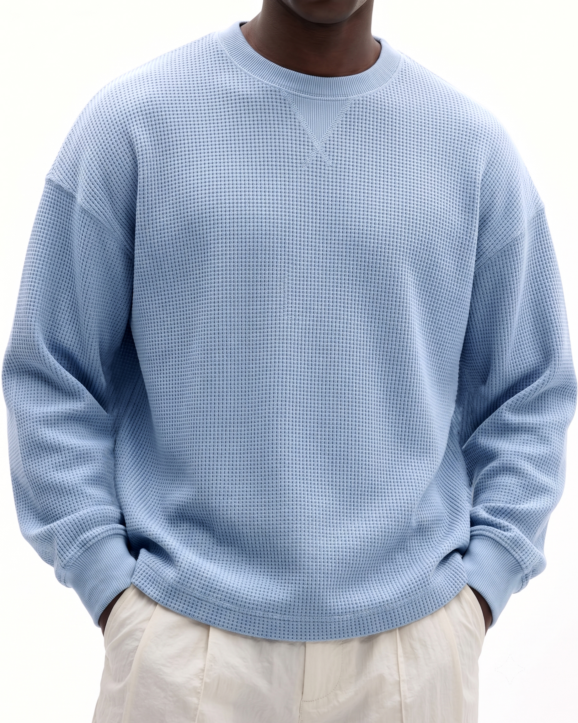 Men's Basic Waffle-Knit Crewneck Long-Sleeve Pullover with Inverted Triangle Embroidery