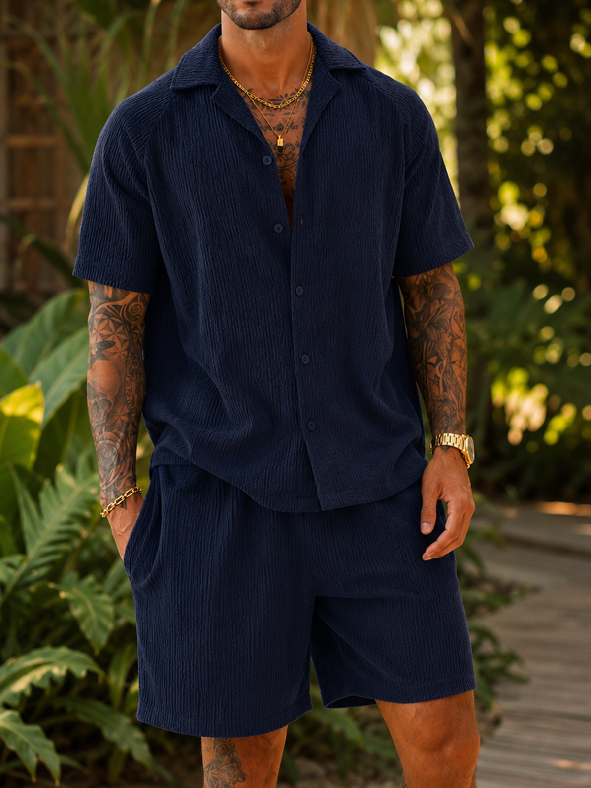 Pleated Luxury Resort Two-Piece Set – Cuban Collar Short-Sleeve Shirt & Shorts
