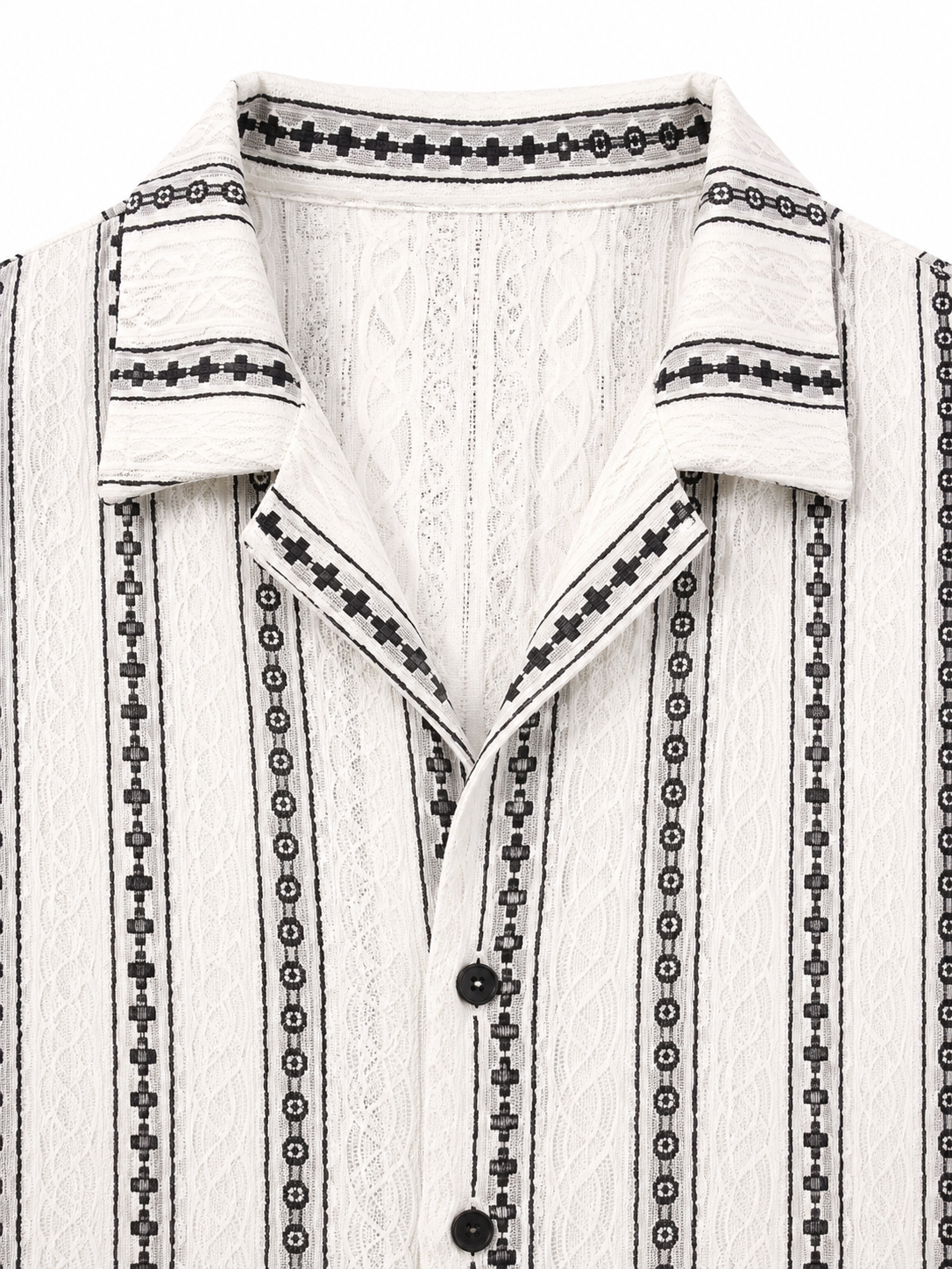 Men's Vintage Geometric Jacquard Short-Sleeve Cuban Collar Shirt with Artisanal Vertical Pattern