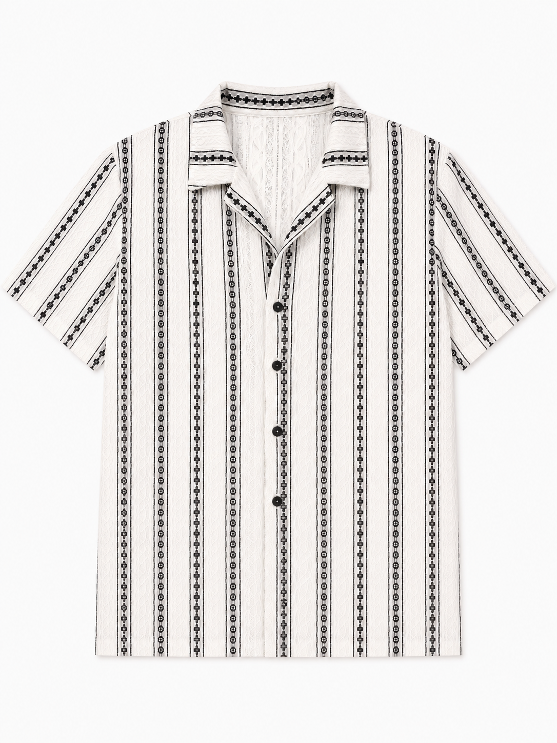 Men's Vintage Geometric Jacquard Short-Sleeve Cuban Collar Shirt with Artisanal Vertical Pattern