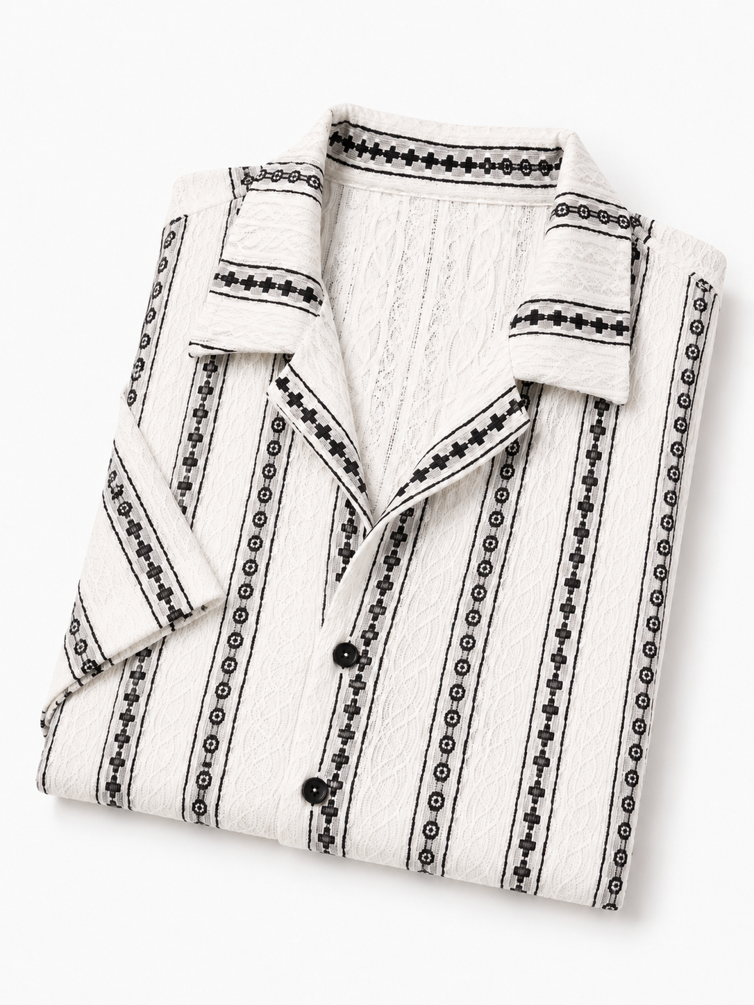 Men's Vintage Geometric Jacquard Short-Sleeve Cuban Collar Shirt with Artisanal Vertical Pattern