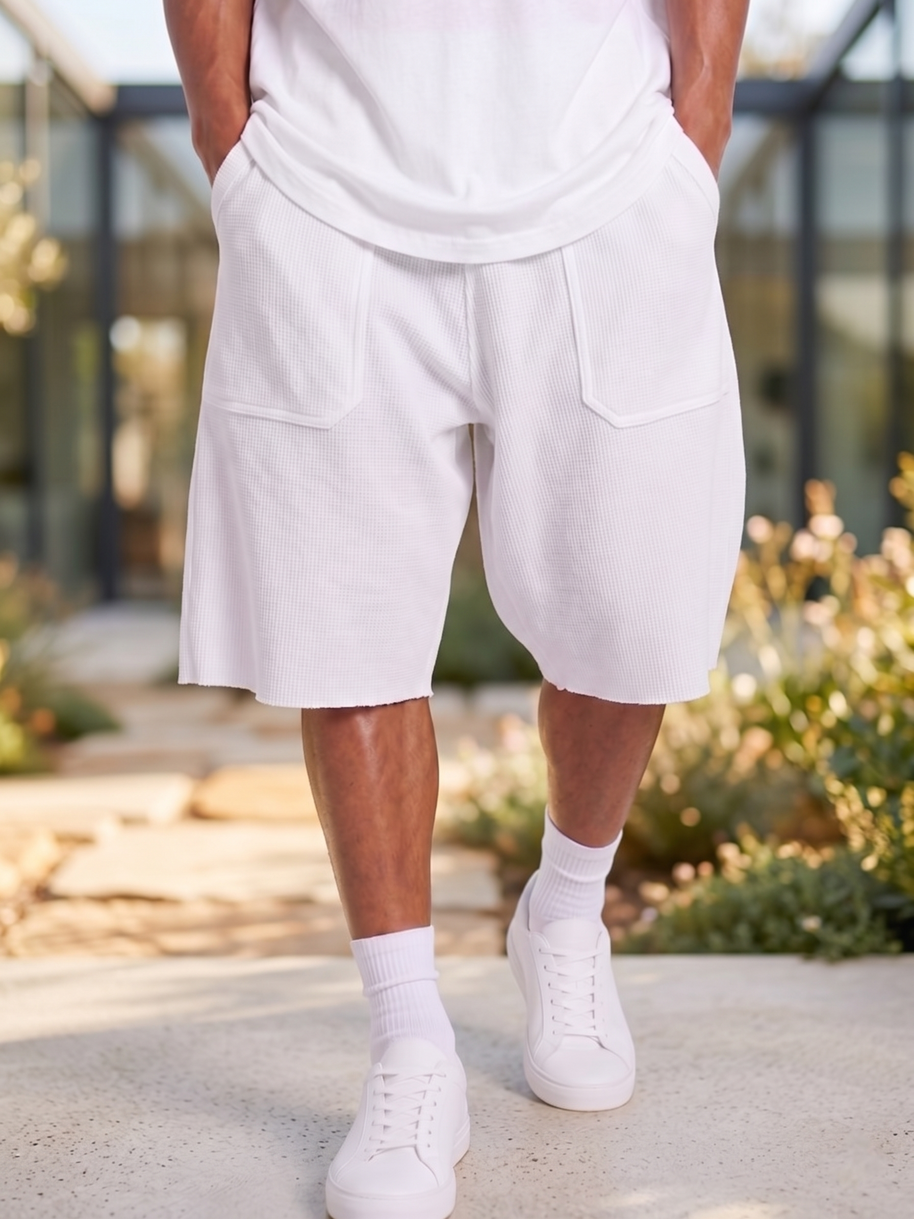 Breathable Waffle-Knit Textured Shorts with Vintage Deep Patch Pockets