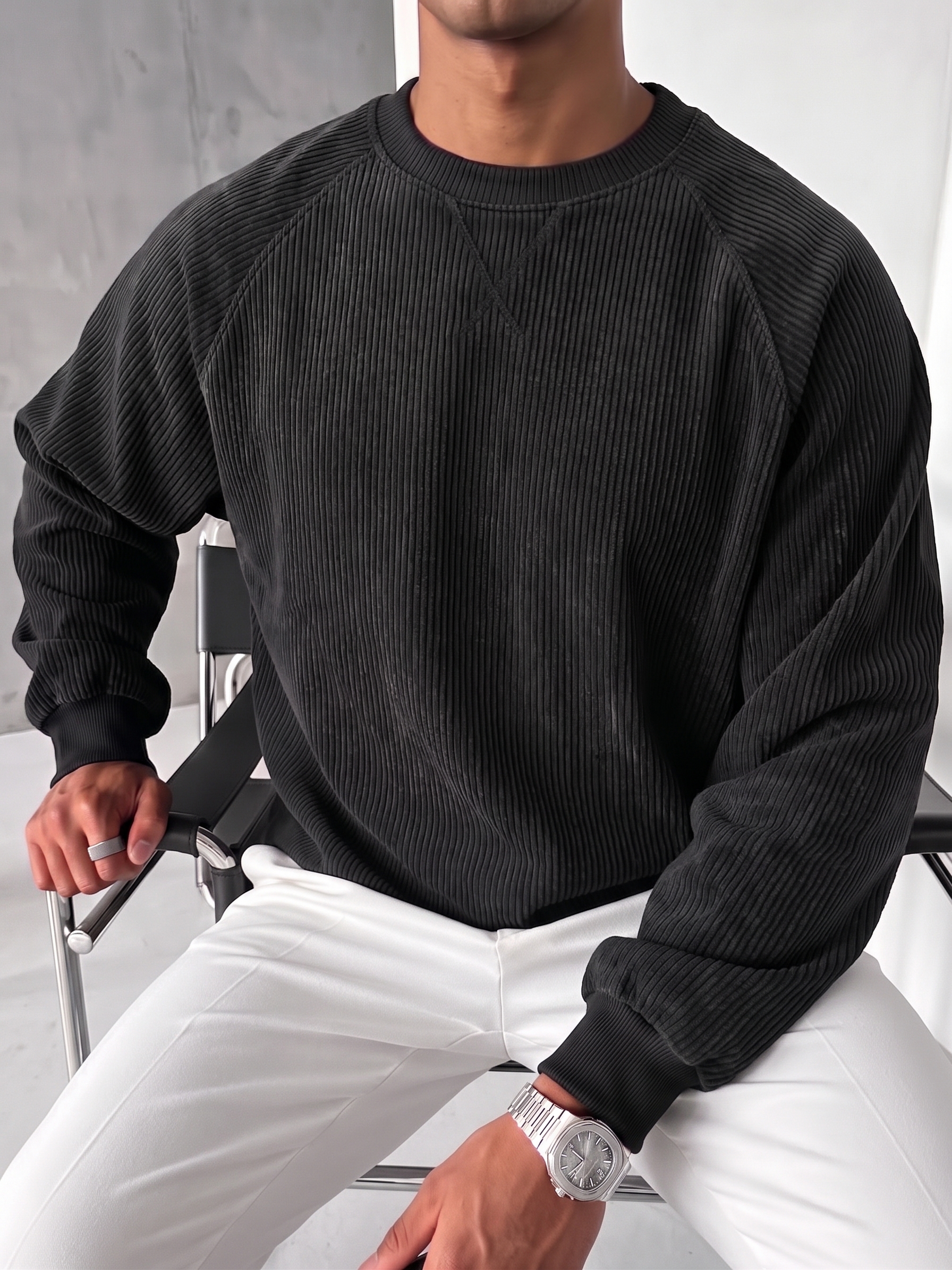 Stylish Oversized Corduroy Crew-neck Sweatshirt