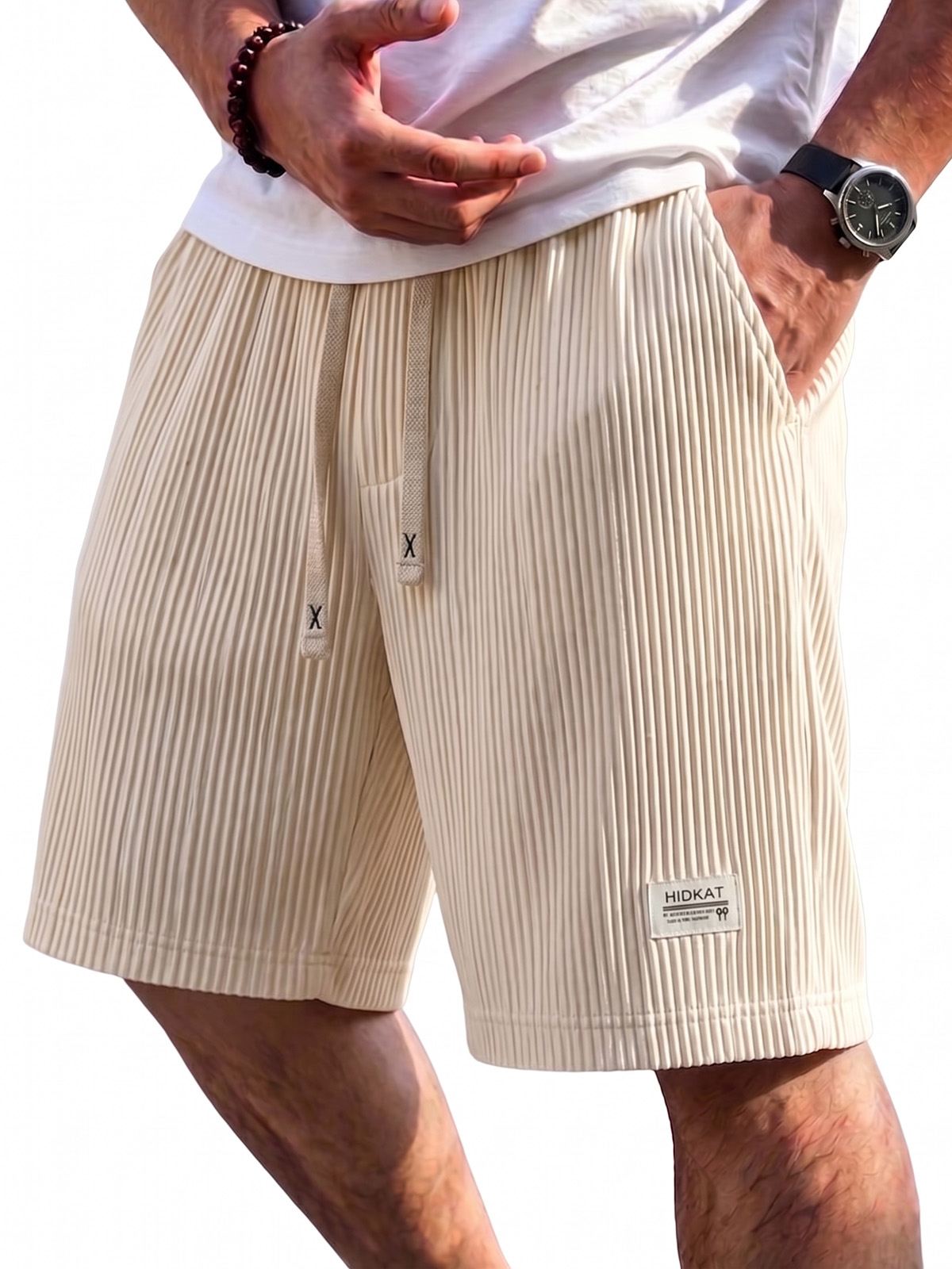 Pleated Vertical Striped Ice Silk Cooling Shorts with Embroidery