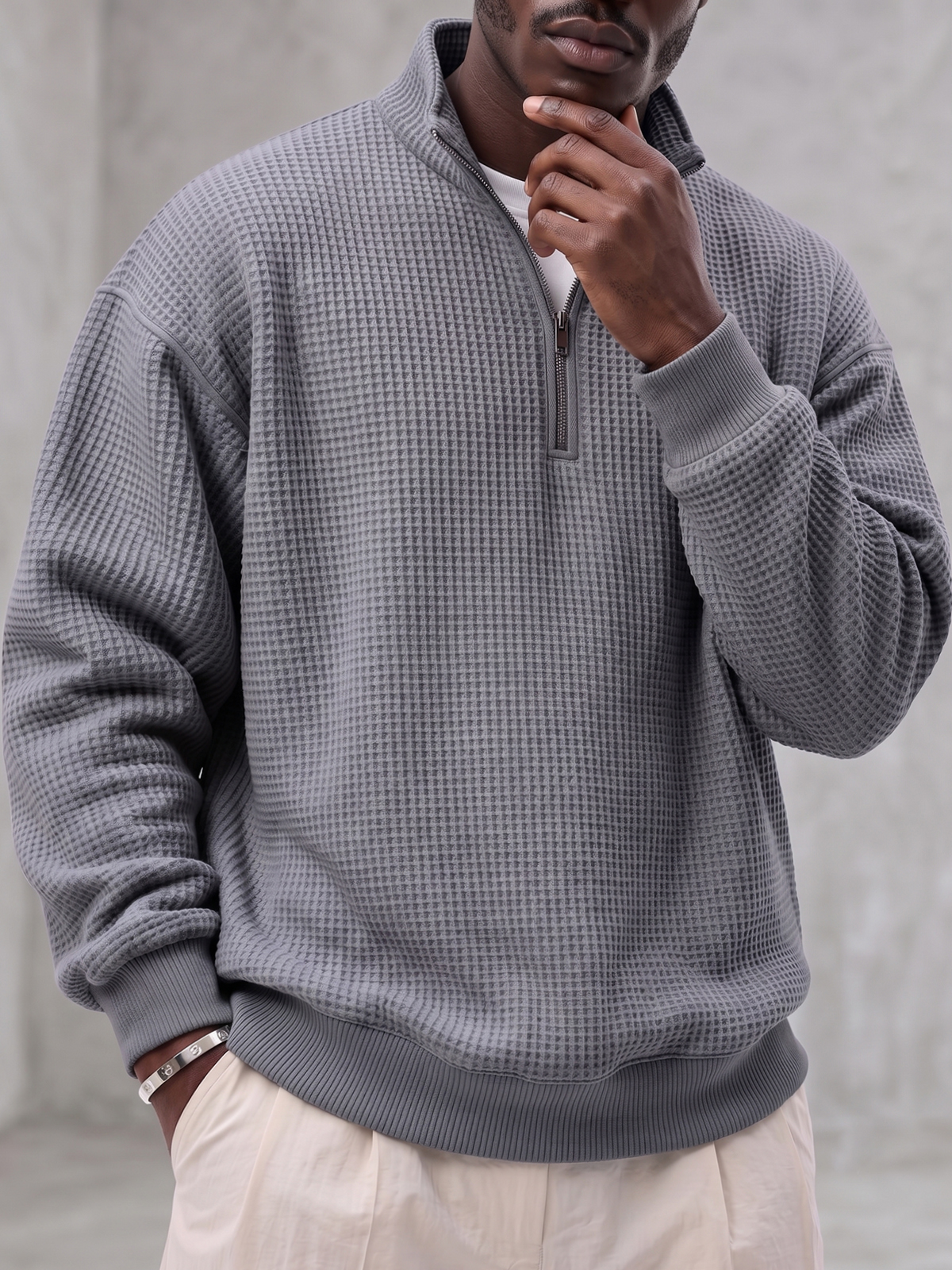 Waffle-textured Quarter-zip Polo Pullover