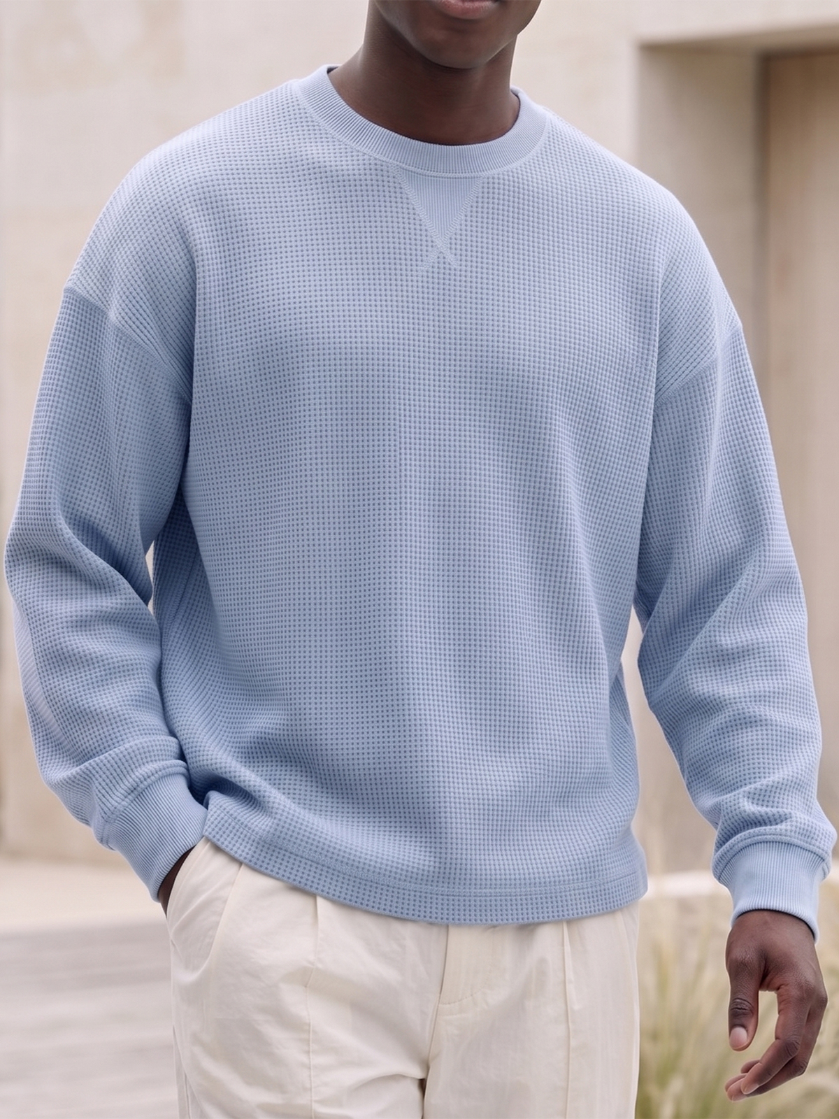 Men's Basic Waffle-Knit Crewneck Long-Sleeve Pullover with Inverted Triangle Embroidery