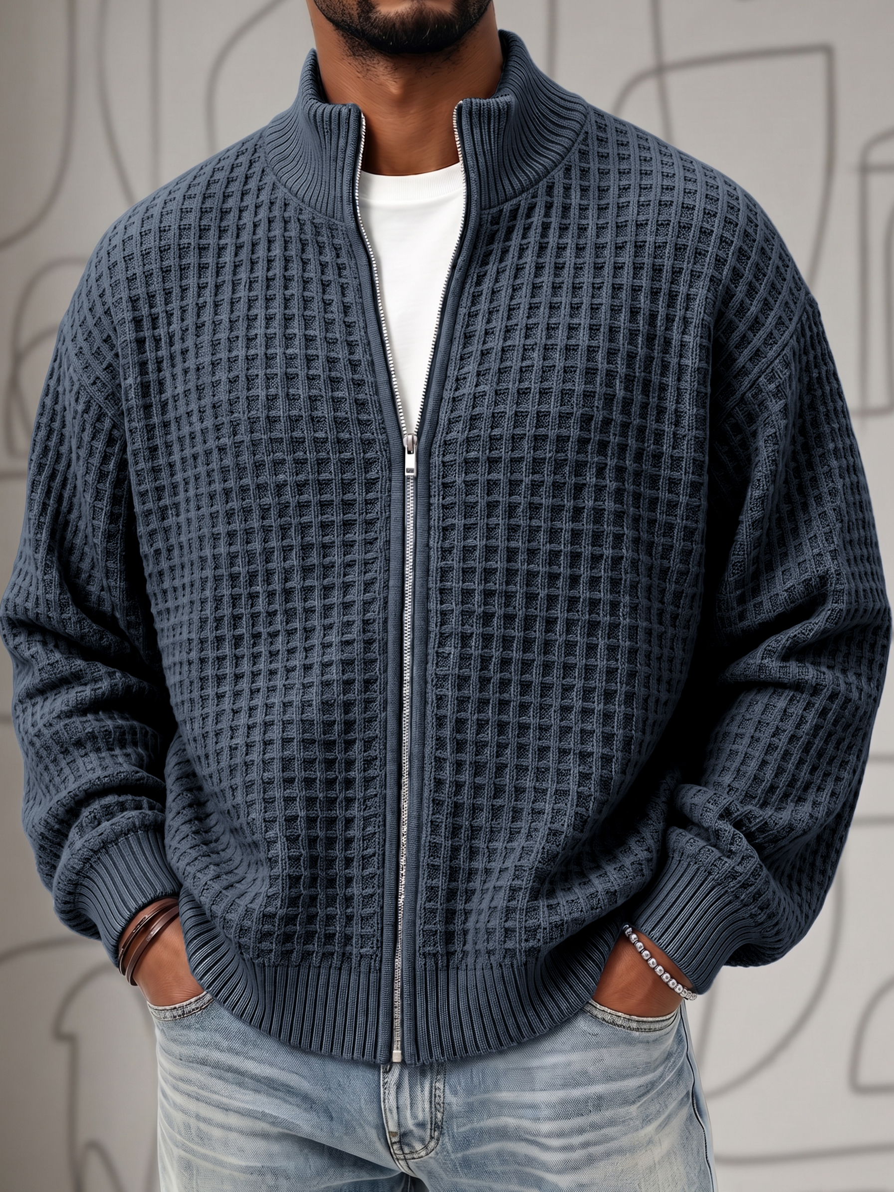 Textured Waffle Knit Cardigan Zip-up Jacket Sweatshirt