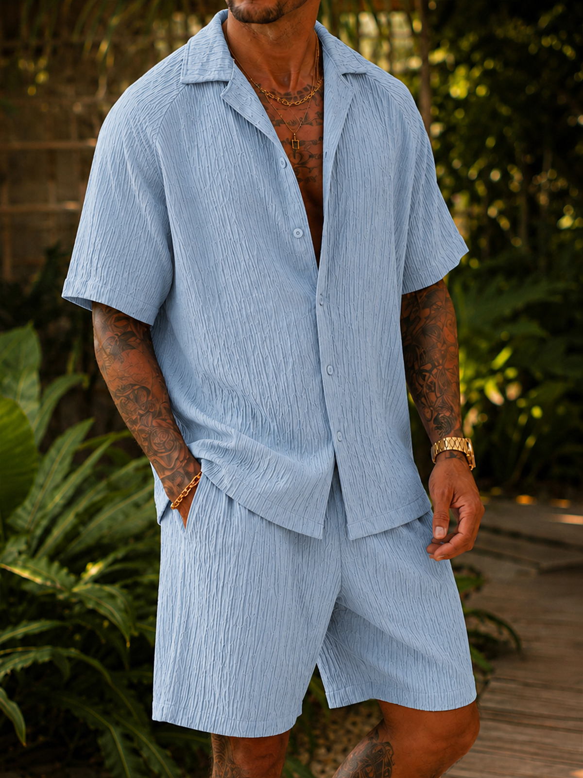 Pleated Luxury Resort Two-Piece Set – Cuban Collar Short-Sleeve Shirt & Shorts