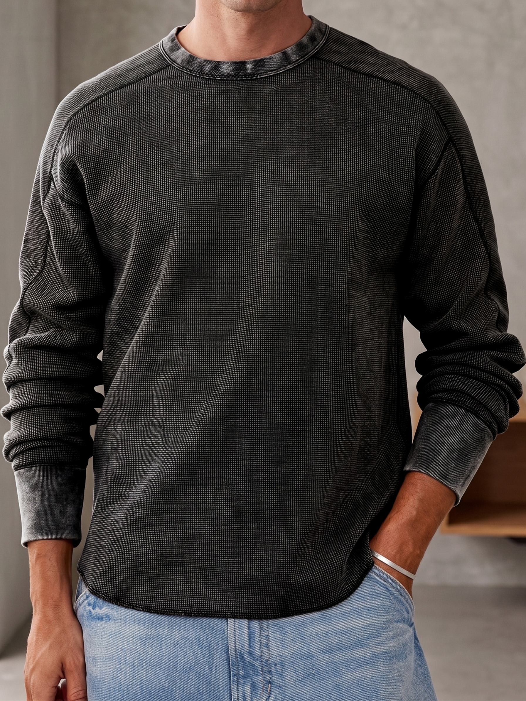 Vintage Dyed Waffle Textured Basic Long-sleeve Pullover T-shirt