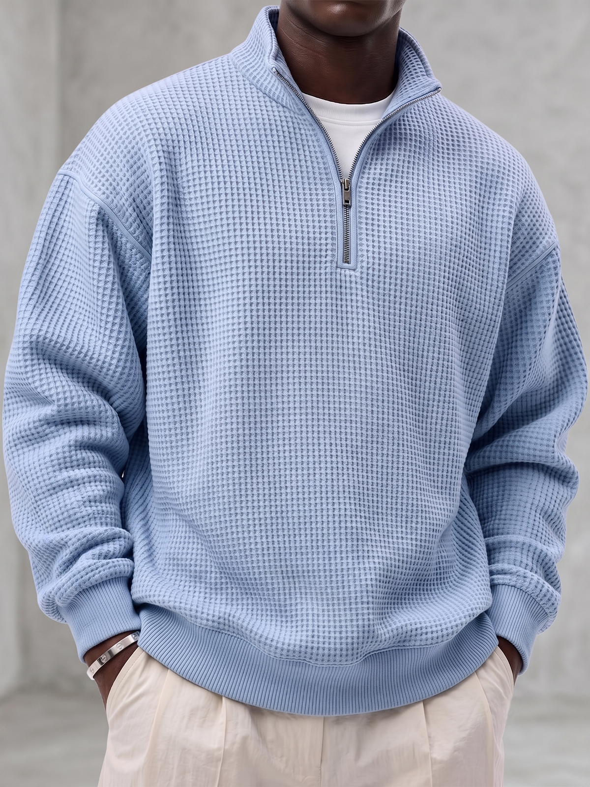Waffle-textured Quarter-zip Polo Pullover