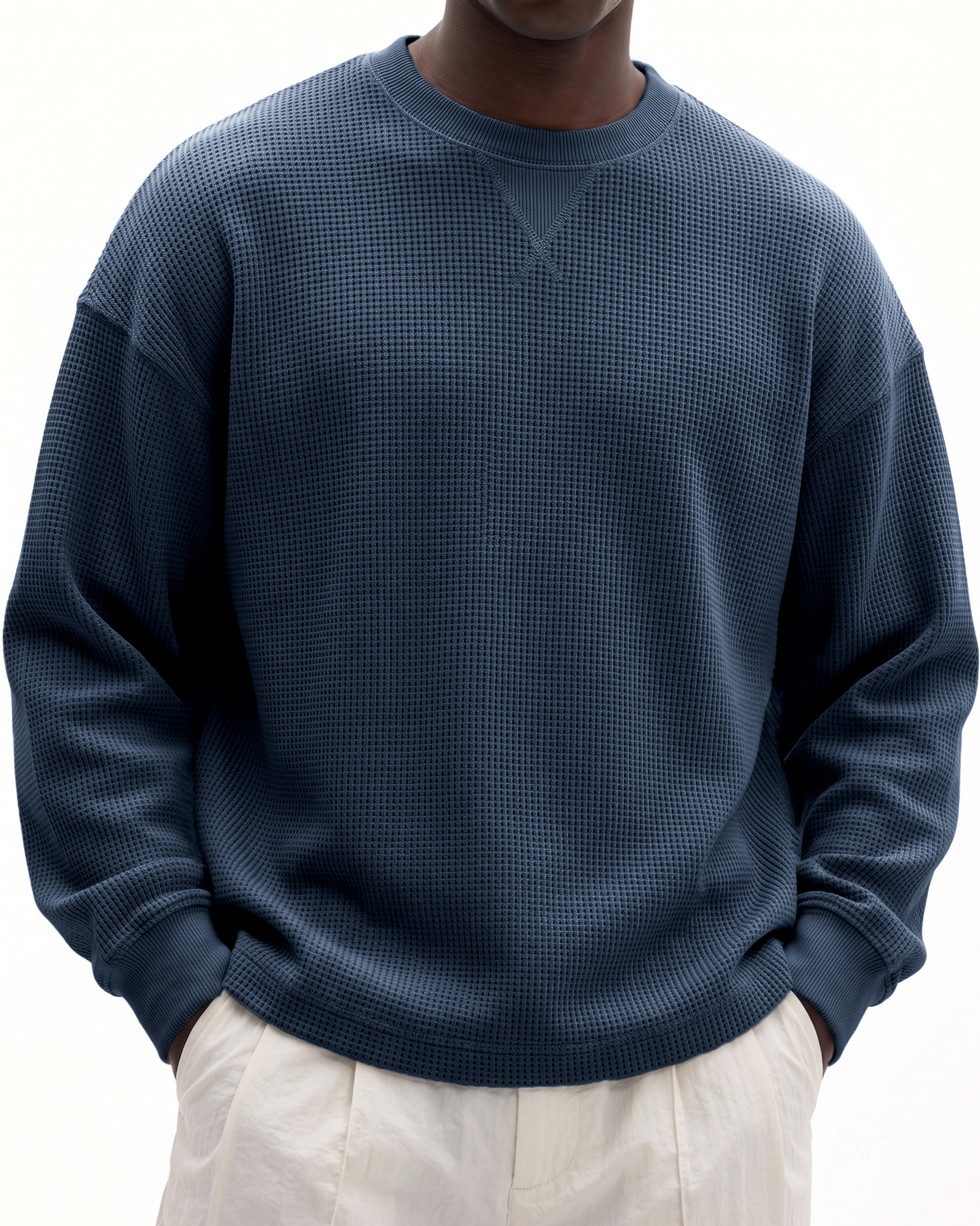 Men's Basic Waffle-Knit Crewneck Long-Sleeve Pullover with Inverted Triangle Embroidery