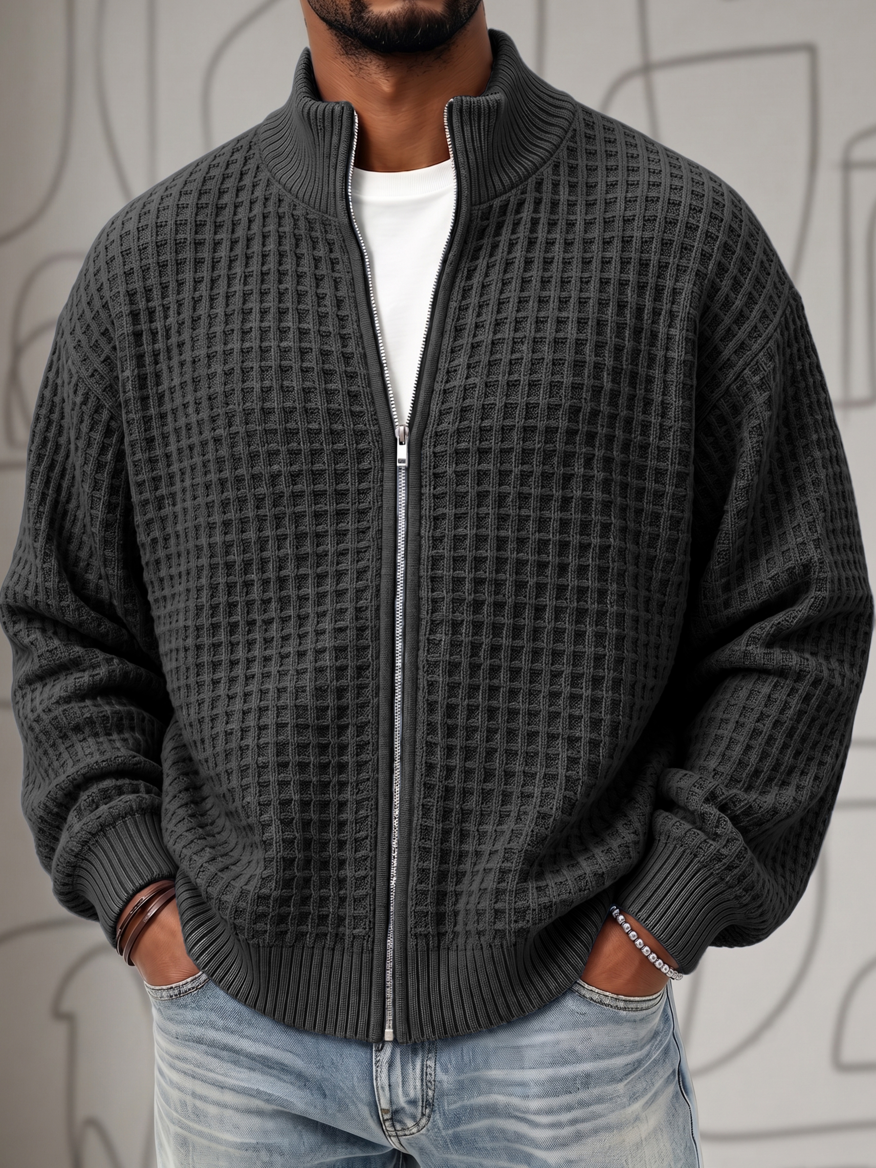 Textured Waffle Knit Cardigan Zip-up Jacket Sweatshirt