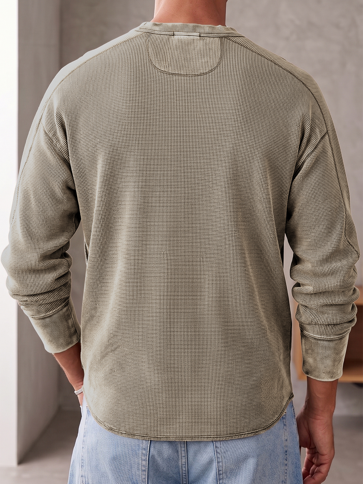 Vintage Dyed Waffle Textured Basic Long-sleeve Pullover T-shirt