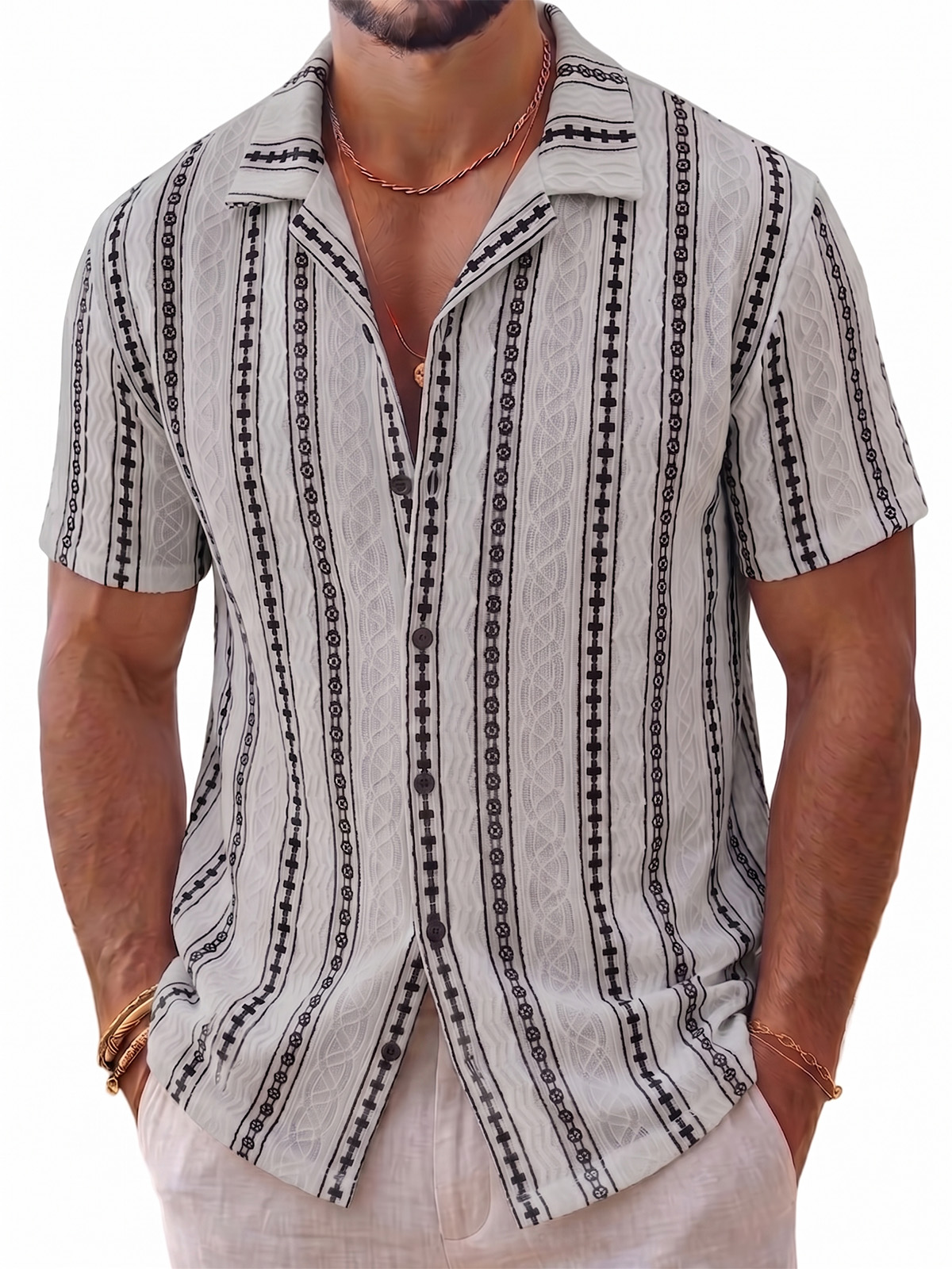Men's Vintage Geometric Jacquard Short-Sleeve Cuban Collar Shirt with Artisanal Vertical Pattern