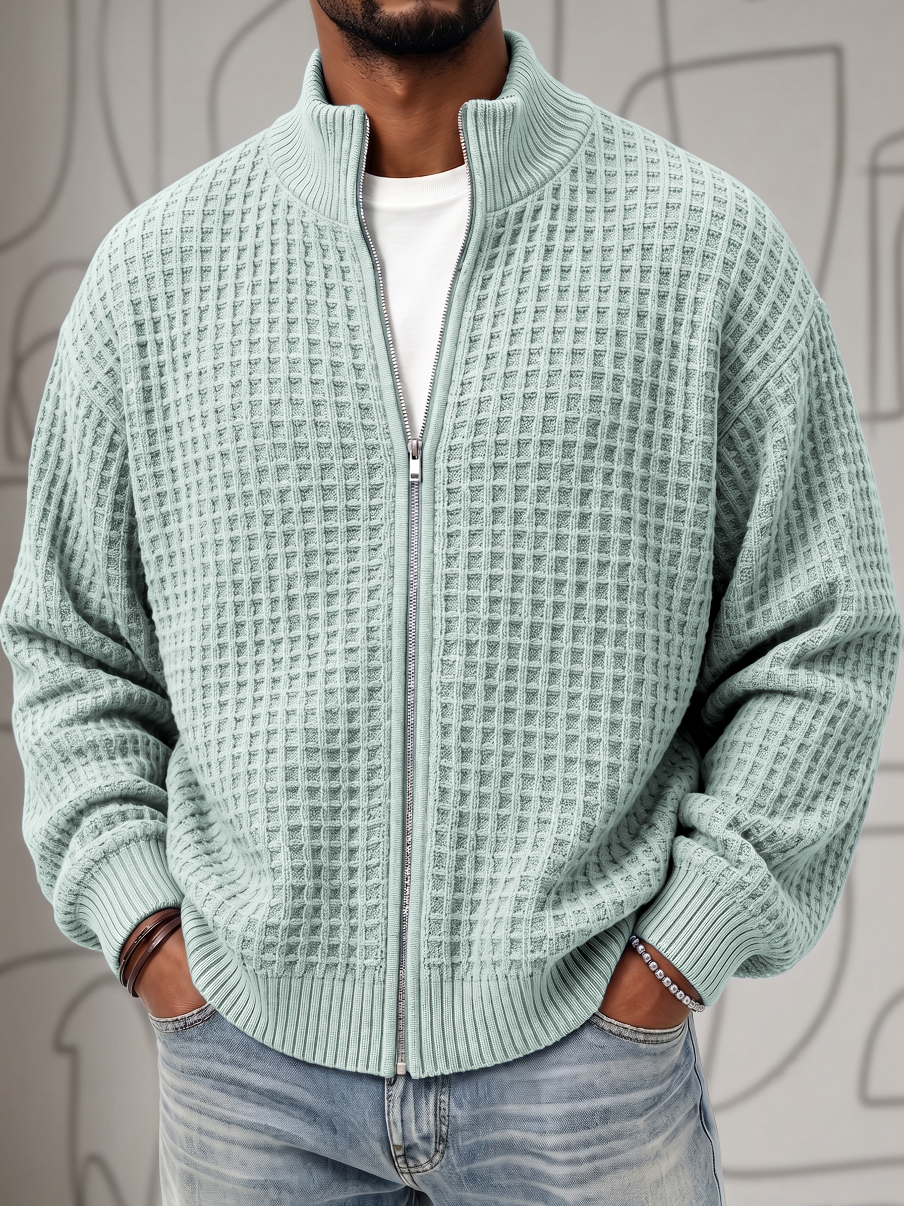 Textured Waffle Knit Cardigan Zip-up Jacket Sweatshirt