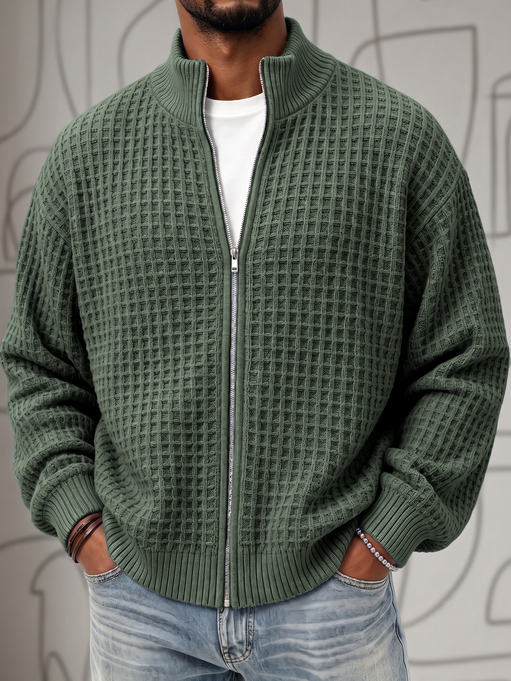 Textured Waffle Knit Cardigan Zip-up Jacket Sweatshirt